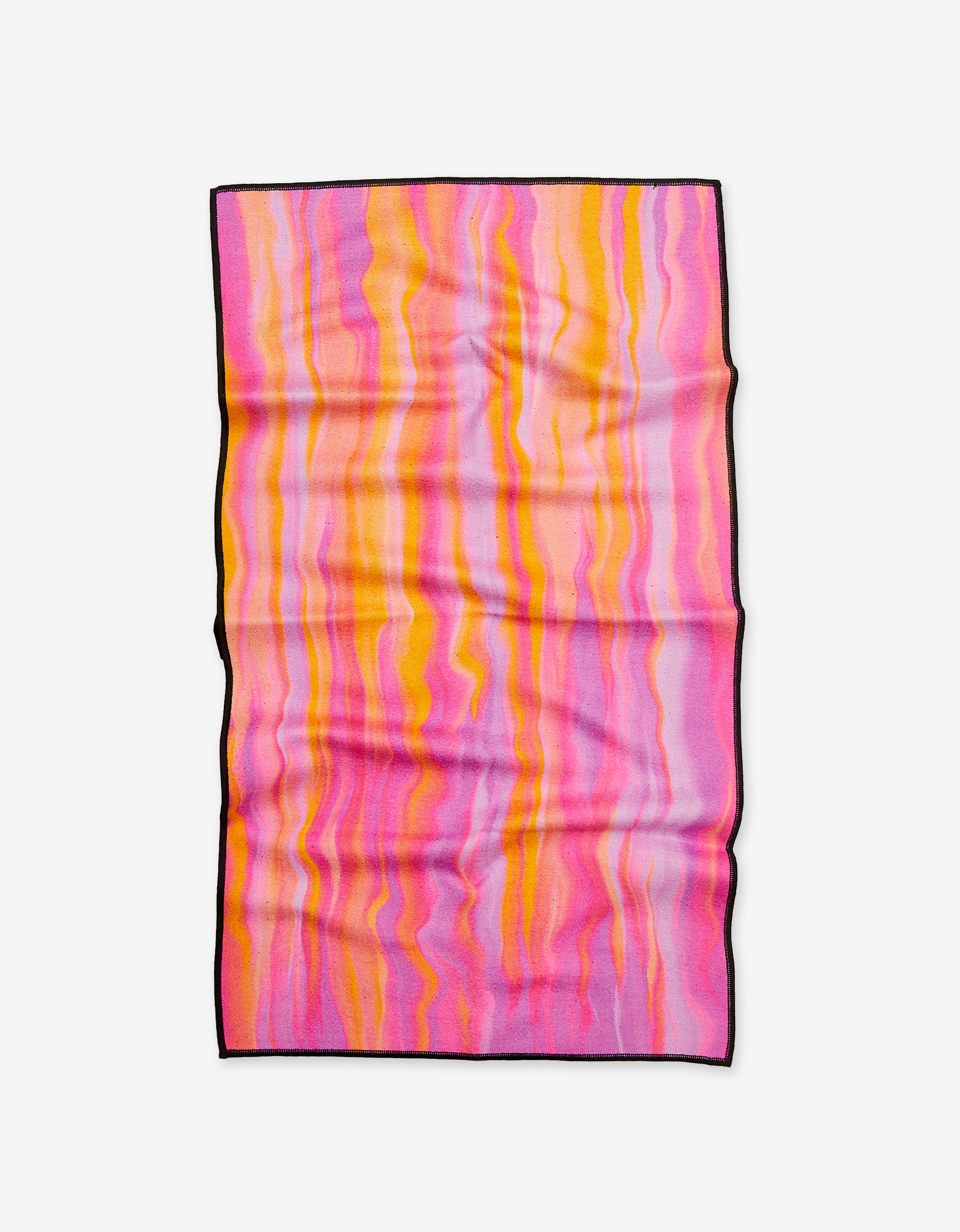 The Rush by GEOMETRY is a rectangular fitness towel featuring a wavy abstract pattern in pink, orange, and yellow, bordered in black. Made from ultra-absorbent recycled materials, its shown flat on a light background.
