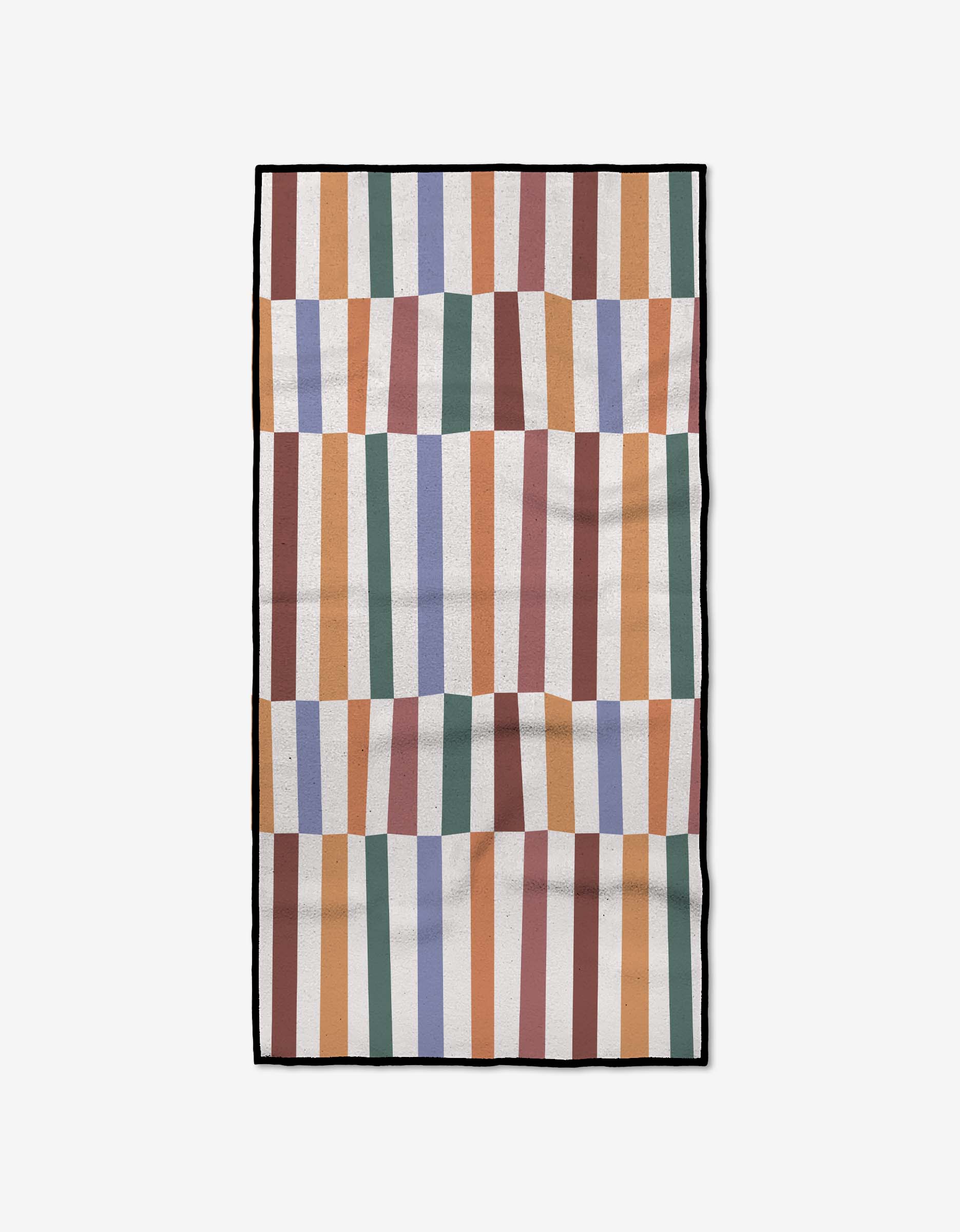 The Claire Iglesias Wonky Stripes Fitness Towel features uneven vertical green, orange, white, blue, and red stripes that shift direction for a bold effect. Made from ultra-absorbent Geoweave fabric with a black border and light background.