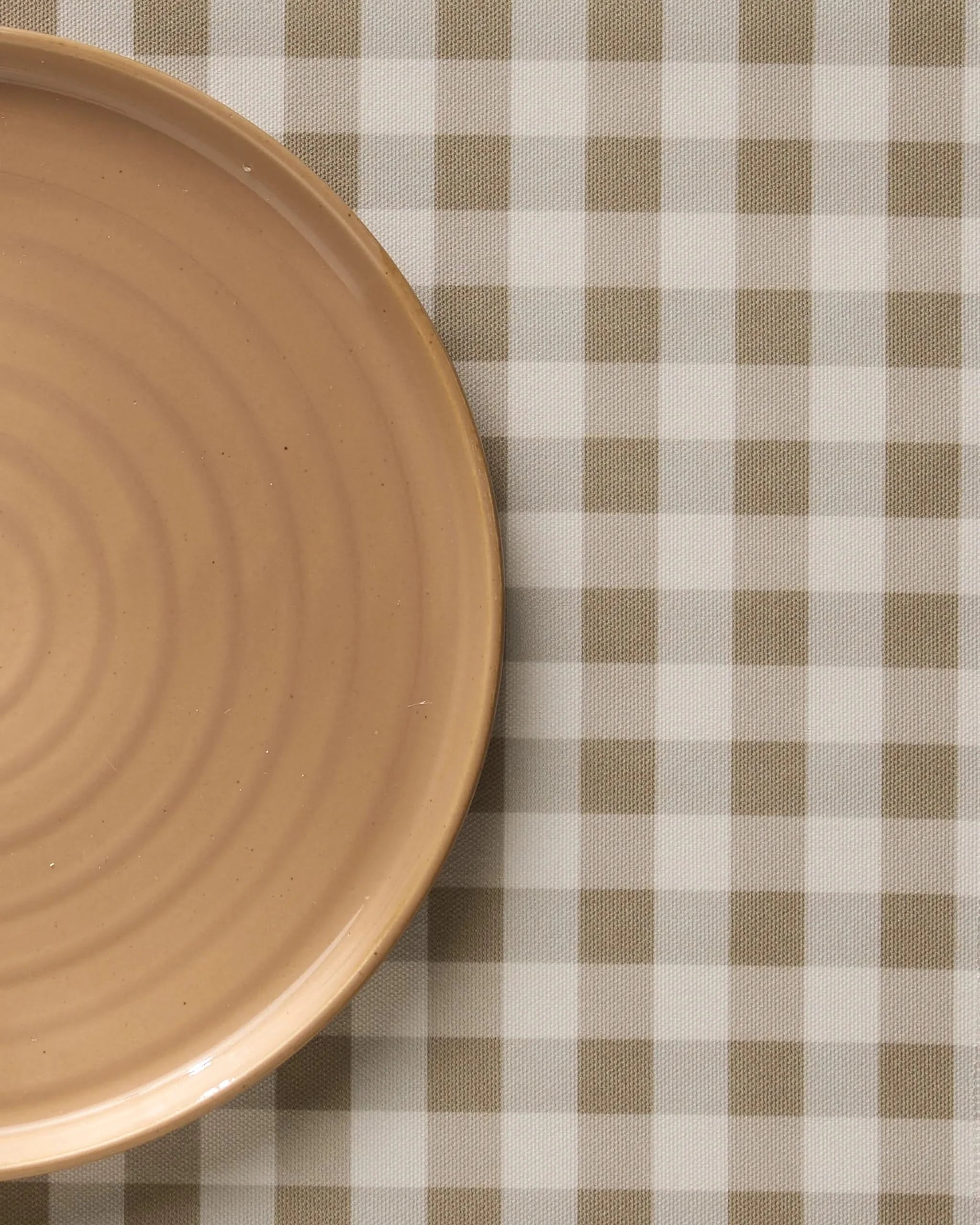 A plain beige ceramic plate sits on the left side of a beige and white Hazel Gingham tablecloth by Geometry, enhanced by Geometry Placemats for added style and practicality.