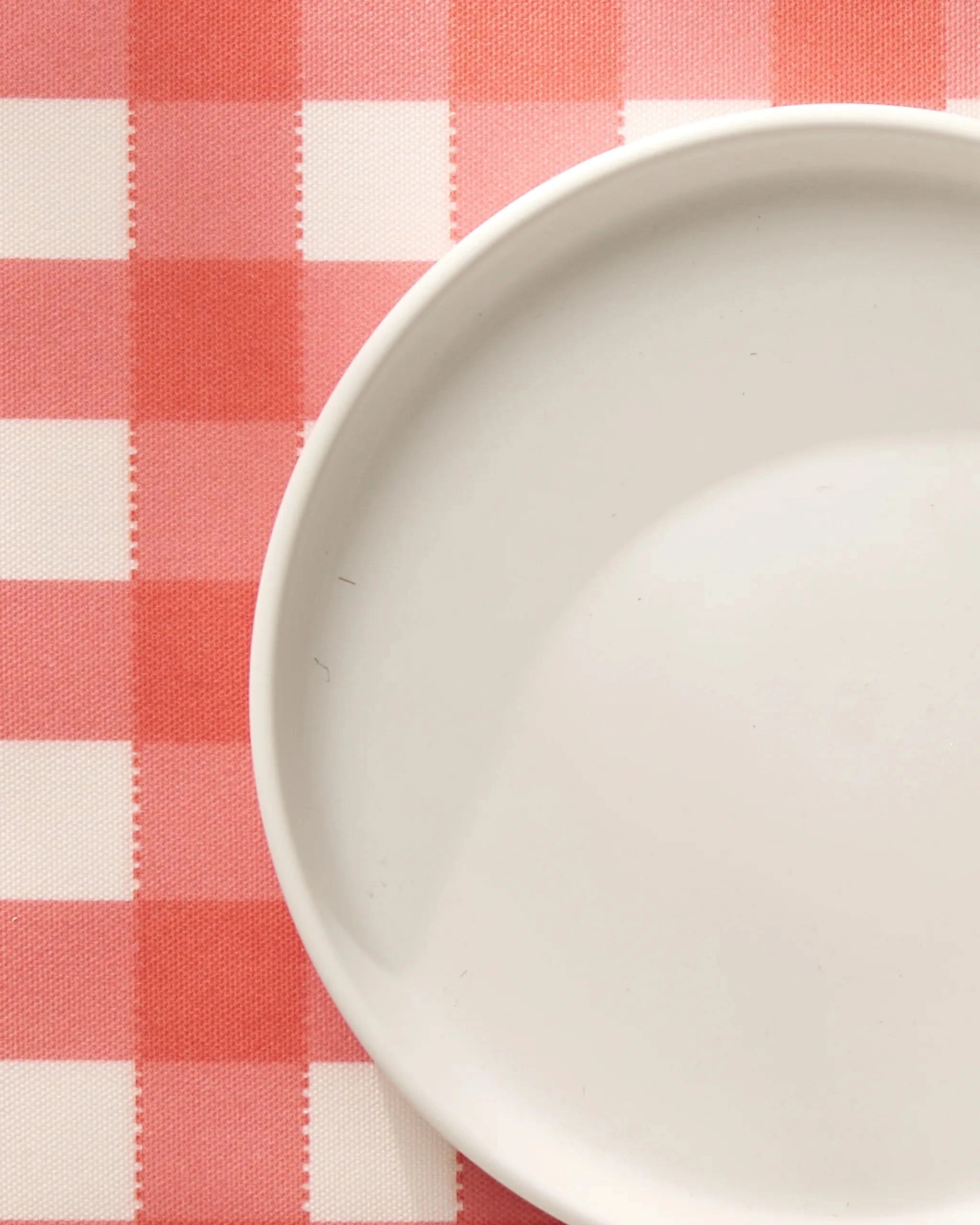 A white plate, partially visible on a Geometry Ripe Tomato Gingham pink and white checkered tablecloth, paired with stylish machine-washable placemats.