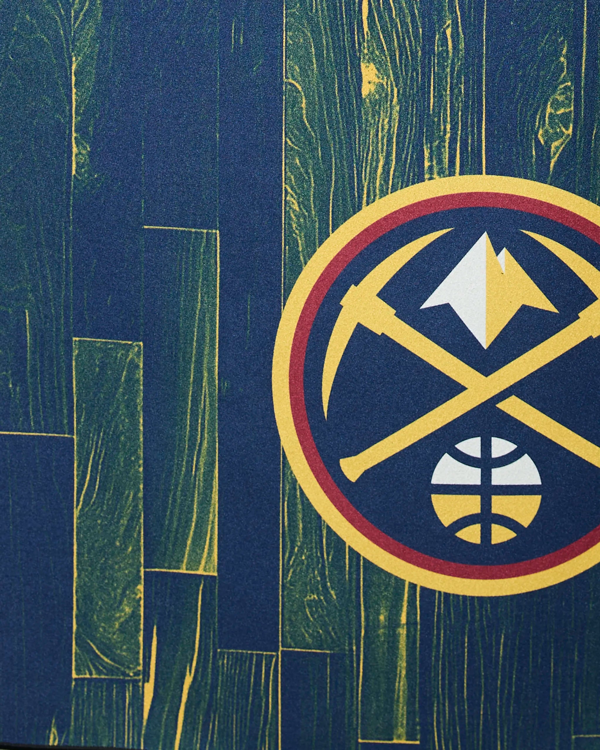 Nuggets Zone by Geometry features the Denver Nuggets logo with two crossed gold pickaxes, a white mountain peak, and a basketball set against a stylized hardwood floor background with green and yellow streaks.