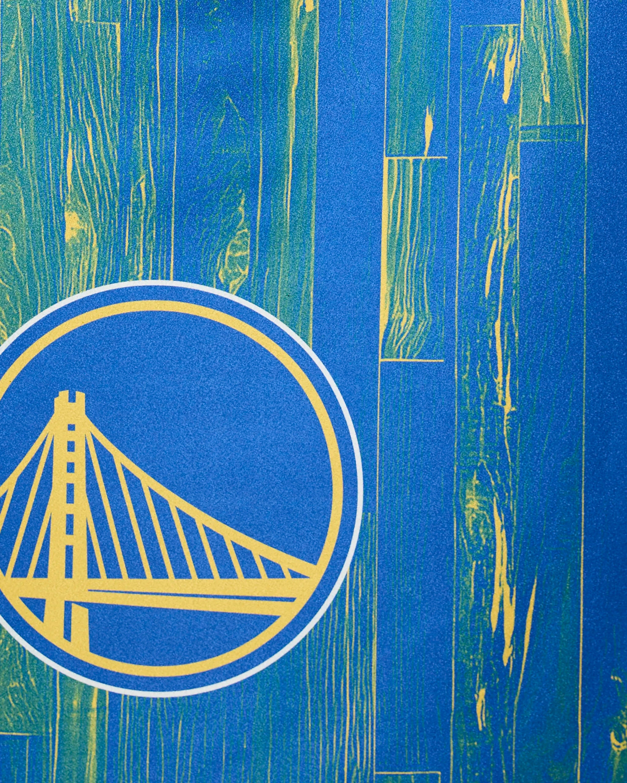 The Warriors Zone by Geometry features a yellow bridge logo inside a circle on a blue and yellow wood-patterned background, evoking a basketball court.