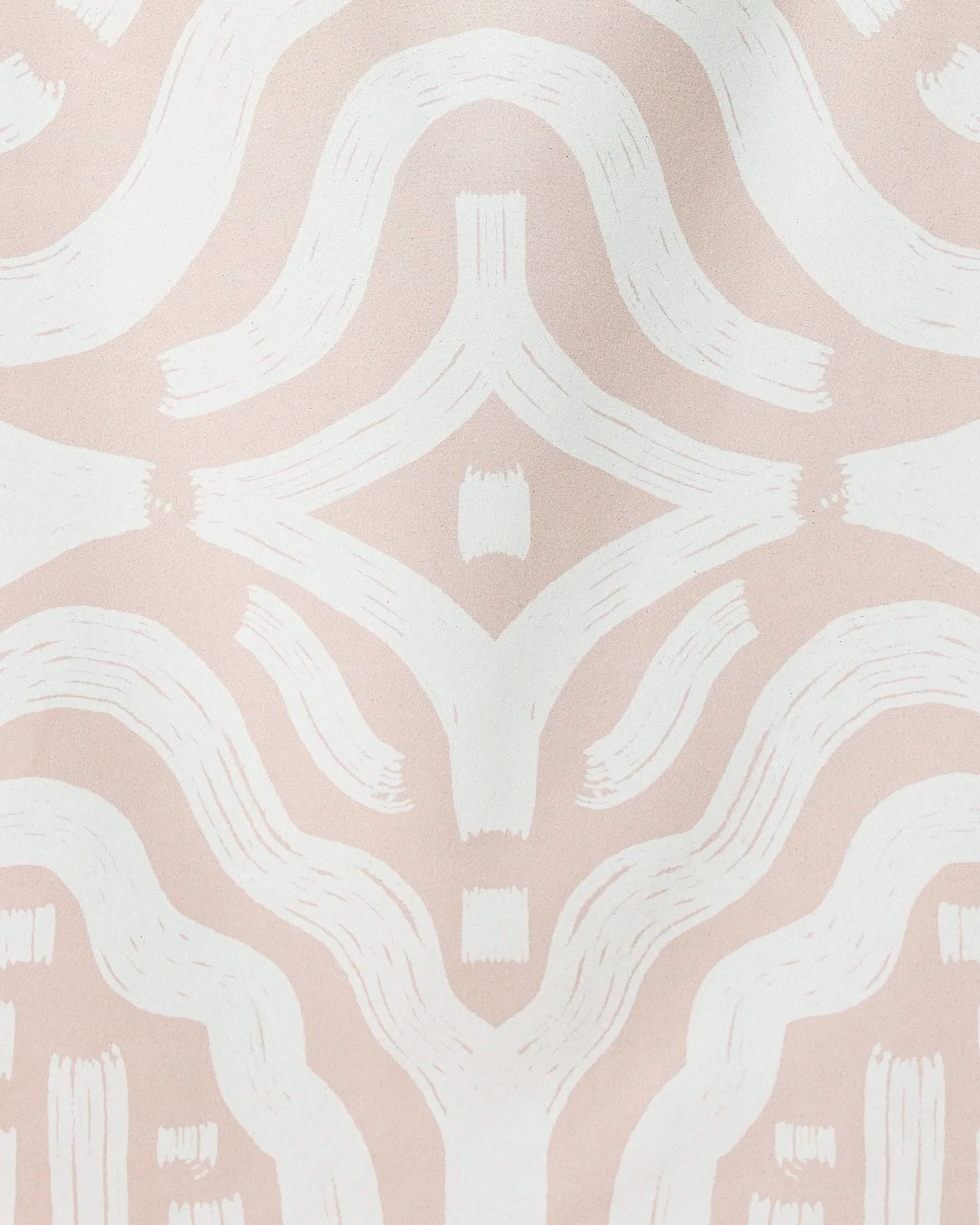 White brushstroke-like lines form symmetrical, curved shapes on light pink, creating a geometric, organic pattern—perfect for the Tribal beach towel by GEOMETRY, made from quick-drying recycled materials.