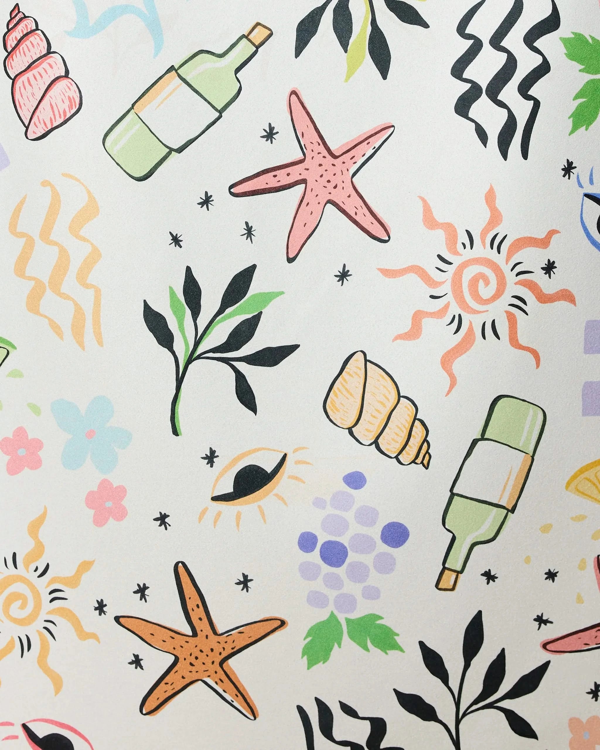 A vibrant pattern of starfish, wine bottles, seashells, sun shapes, grapes, leaves, and more enlivens the GEOMETRY Wine Not Micro-loop Beach Towel—a quick-drying towel made from recycled materials for fun in the sun.