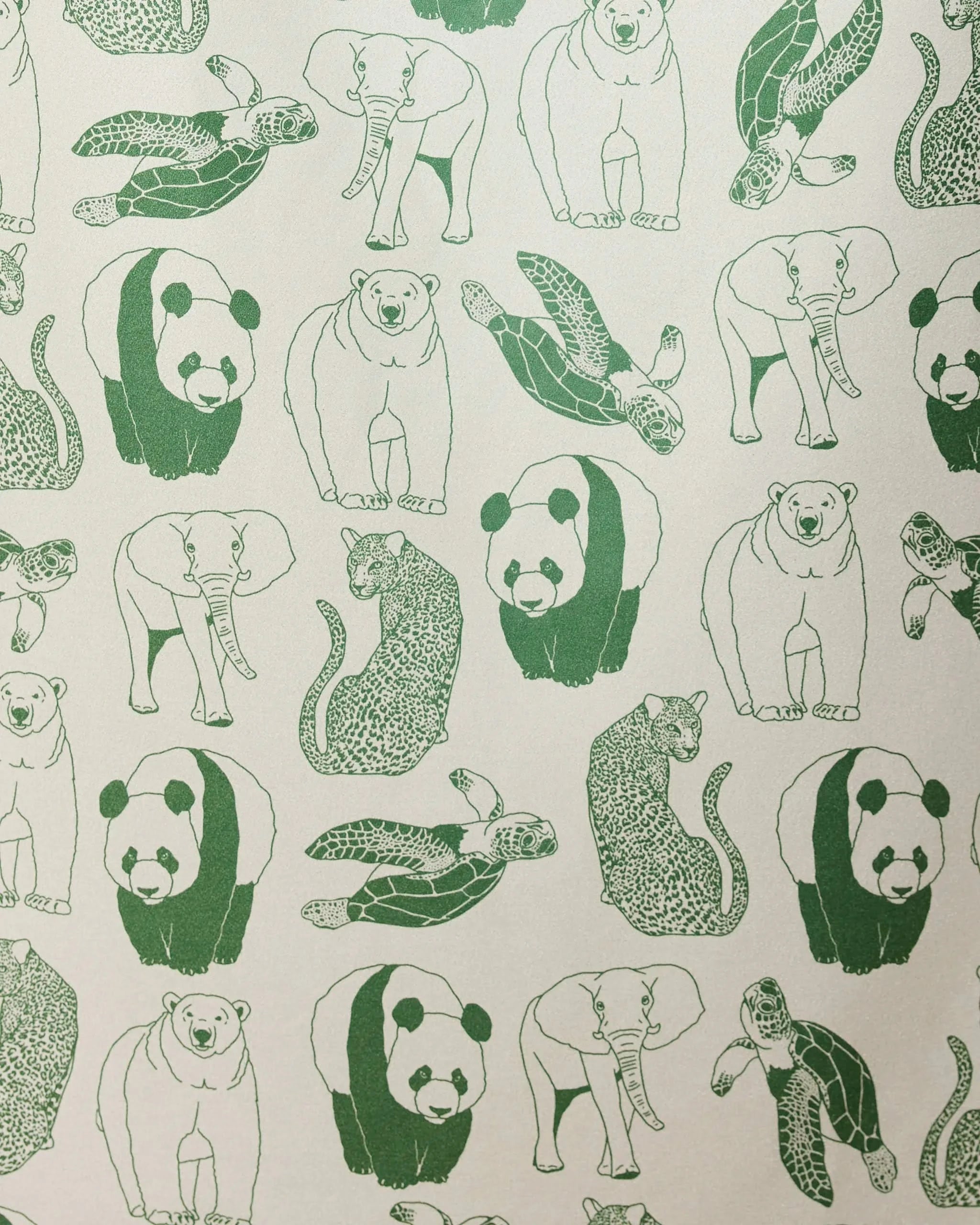 Endangered by GEOMETRY features a repeating pattern of simple green line elephants, pandas, polar bears, sea turtles, and leopards on a light backdrop—ideal for a quick-drying micro-loop beach towel made from recycled materials.