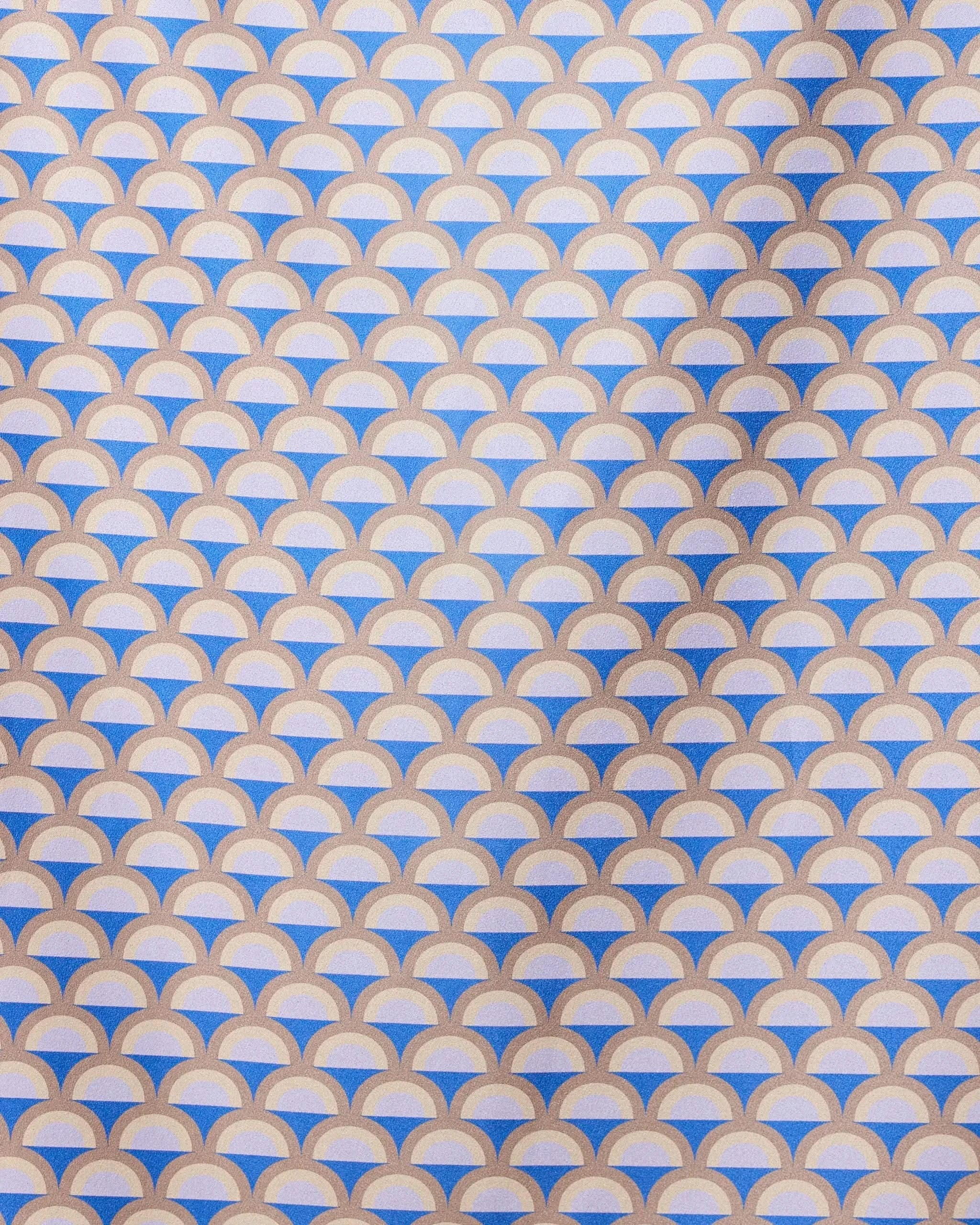 A repeating geometric pattern of overlapping mauve, beige, and white semicircles forms a scallop design on the GEOMETRY Mauve Mounds quick-drying beach towel, with diagonal shadows highlighting its textured surface.