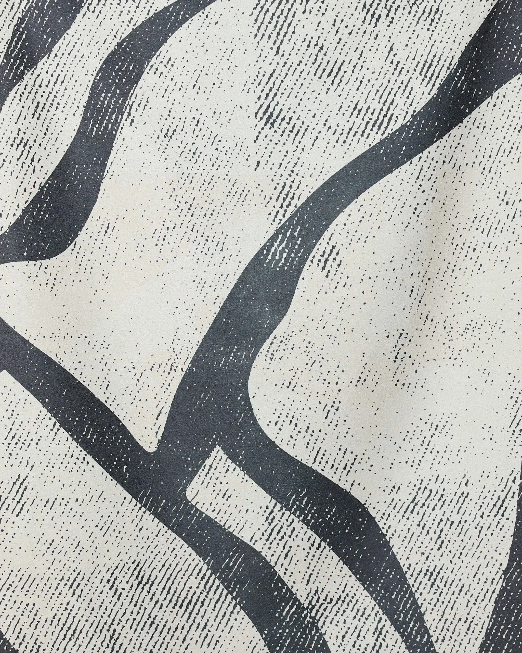 Abstract black wavy lines and dotted textures flow across an off-white background, inspired by the organic patterns of the GEOMETRY Block Beach Towel made from recycled materials.