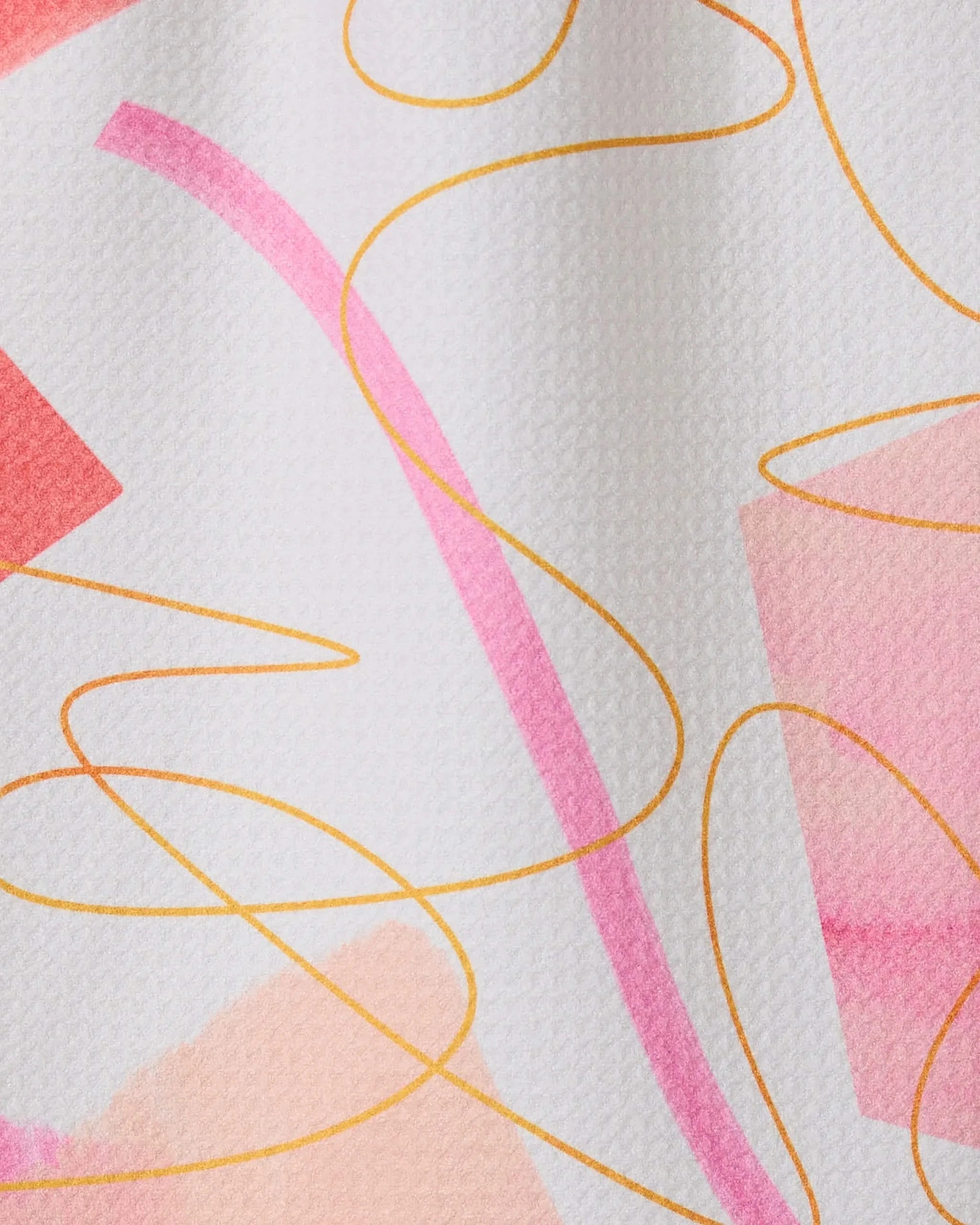 Memories by GEOMETRY features pink and peach watercolor shapes with wavy yellow lines on a white, textured background—a chic design for an ultra-absorbent or recycled kitchen towel.