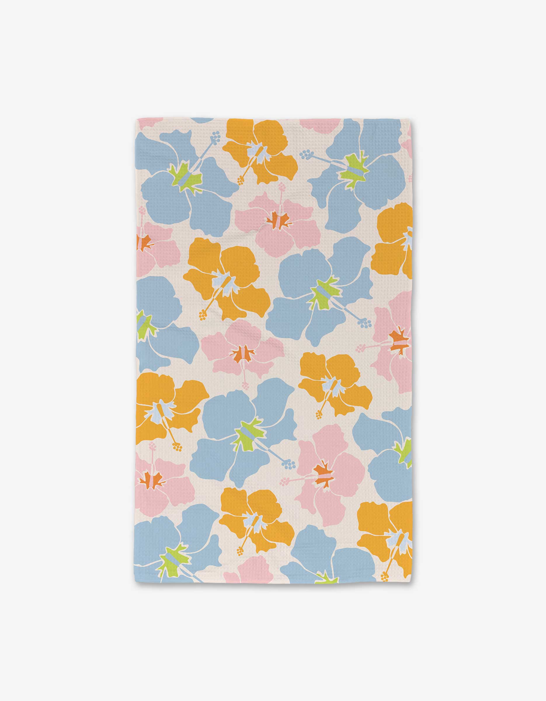 The GEOMETRY Hula Hues napkin features a vibrant floral design with blue, yellow, and pink on white, made from ultra-absorbent post-consumer recycled materials.