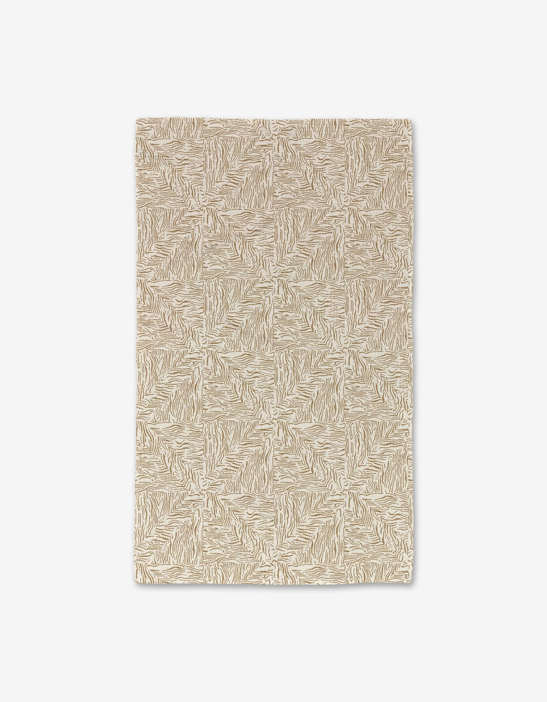 The Inlay area rug by Studio Jeannot features a rectangular beige design with subtle, abstract zebra-inspired geometric patterns. Made from recycled materials, it offers a textured, modern look on a neutral background.