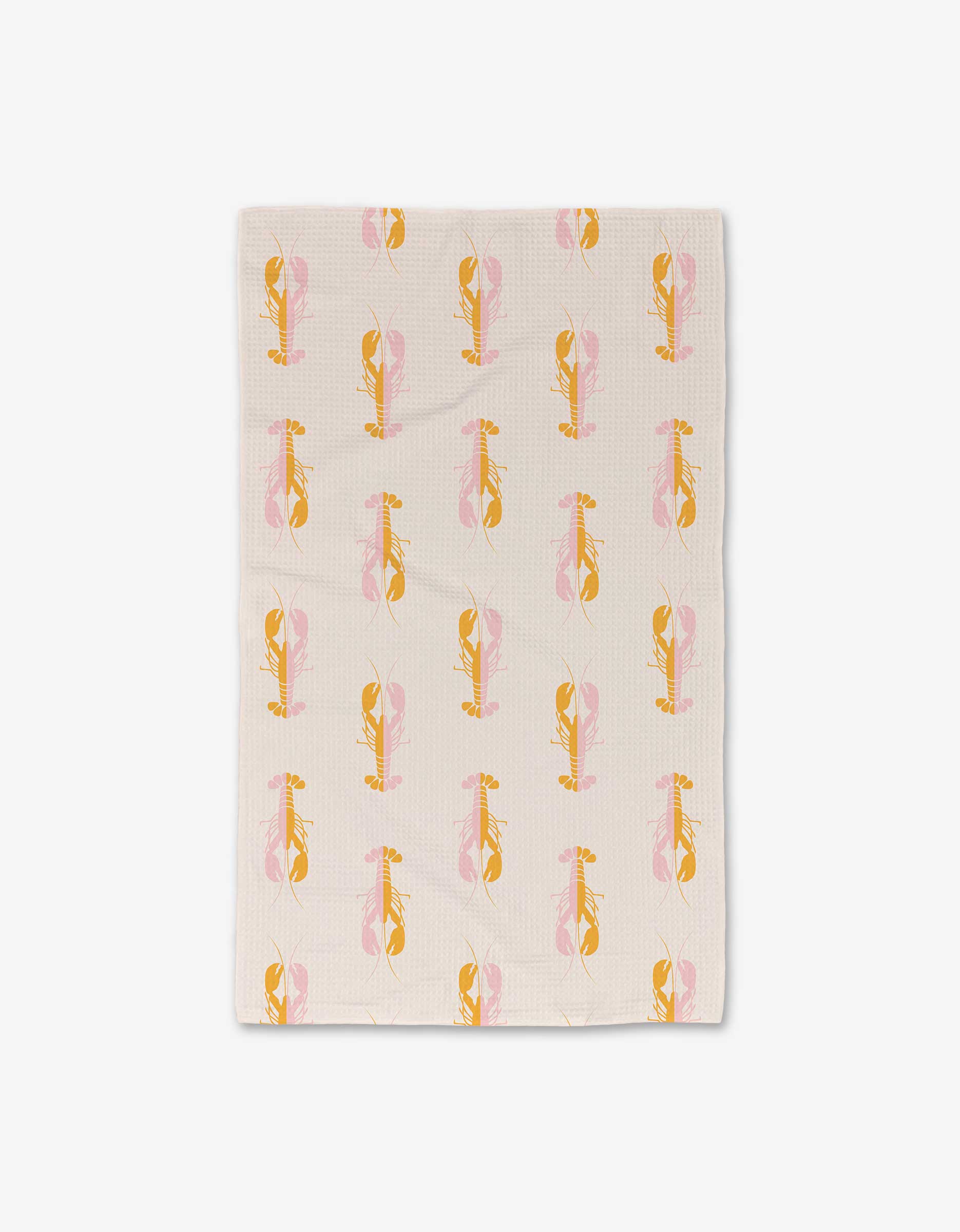 The GEOMETRY Lobster Love blanket features a light design with evenly spaced stylized pink and orange giraffes, crafted from ultra-absorbent Geoweave fabric for a soft, functional touch.