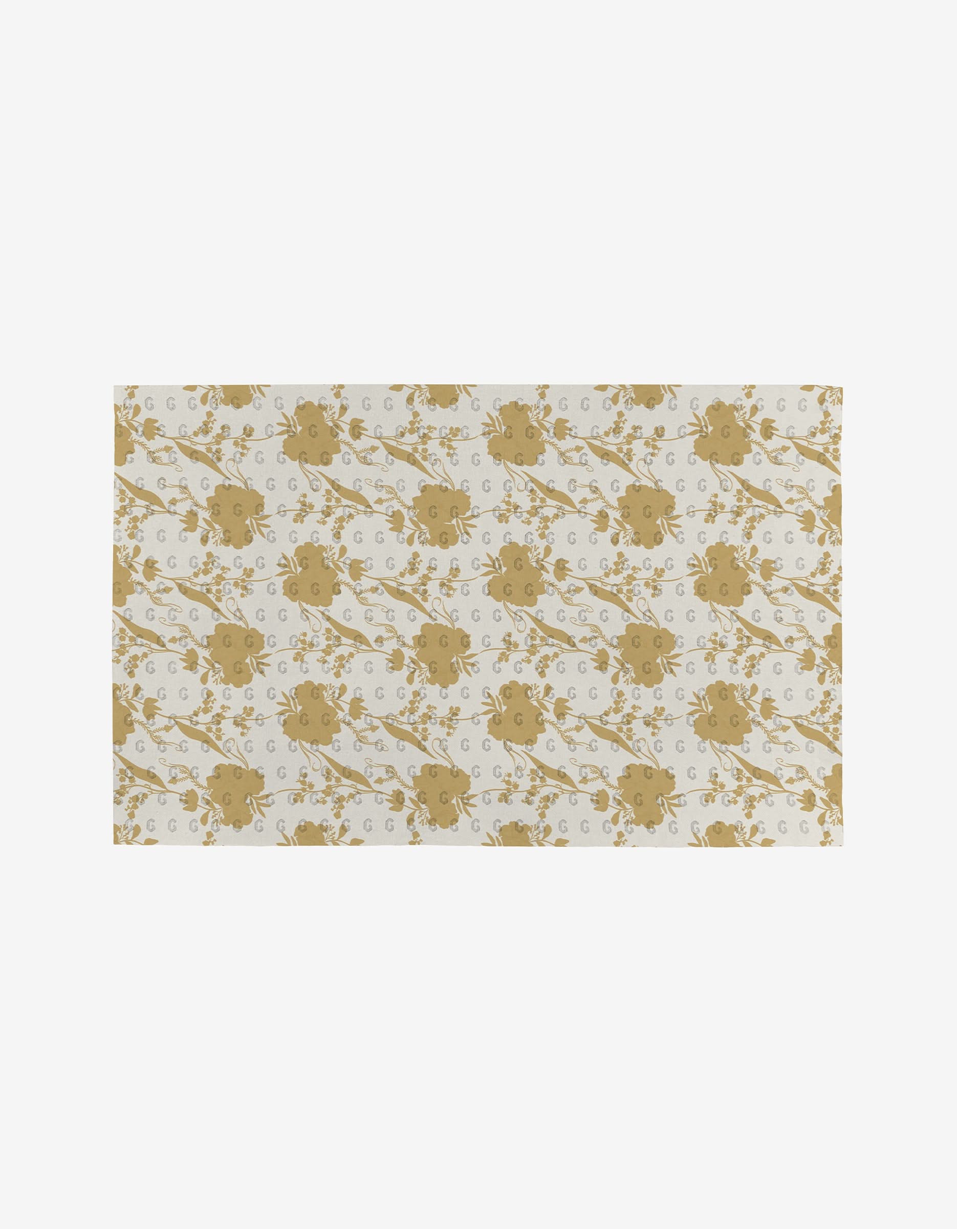 The GEOMETRY Eternal mat is a rectangular, eco-friendly reusable towel alternative featuring gold and beige abstract shapes and dots on a light background.