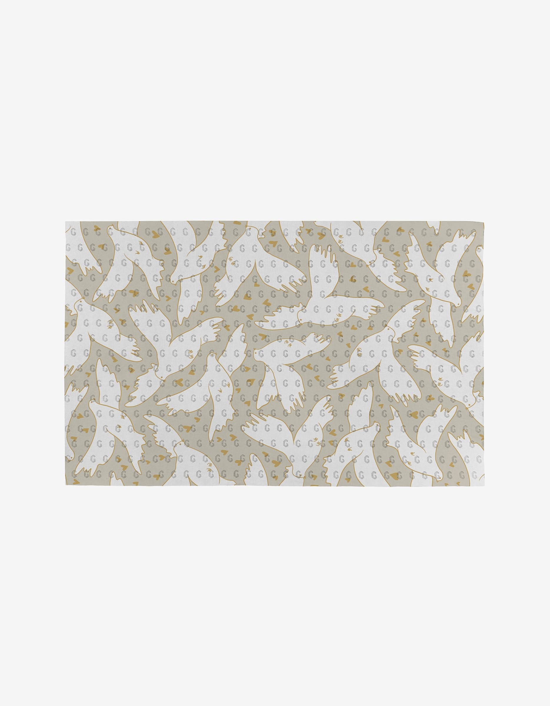 The GEOMETRY Love Takes Flight rug features white birds in various directions and crescent moons on a beige background, crafted from post-consumer recycled materials for an eco-friendly touch.