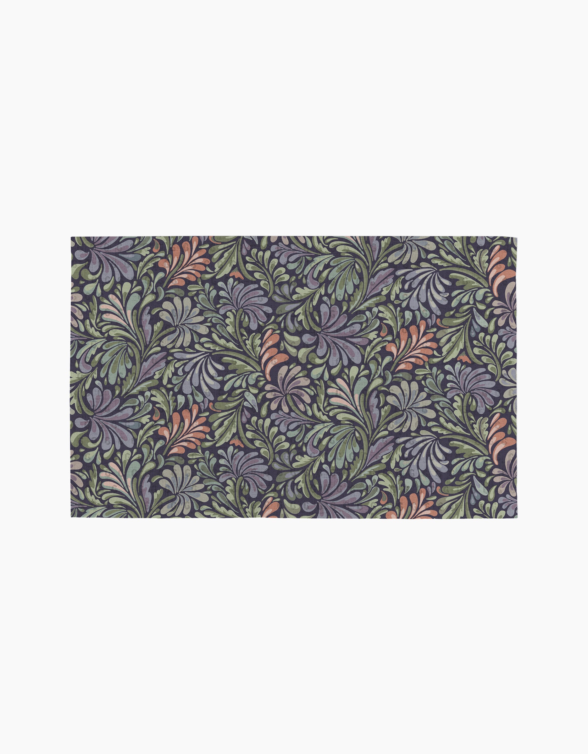 Acanthus by Kris Ruff is a rectangular fabric featuring an intricate floral and leaf design in green, purple, and muted orange on a dark background—ideal as elegant, eco-friendly reusable paper towels.