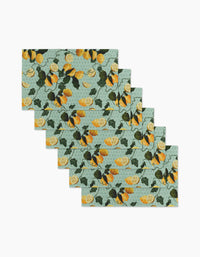 The Amalfi Lemons placemat set by Pascale Dilger includes six rectangular mats with a light blue-green background and a repeating lemon and green leaf pattern. Perfect for an eco-friendly kitchen, theyre neatly fanned in a stacked display.