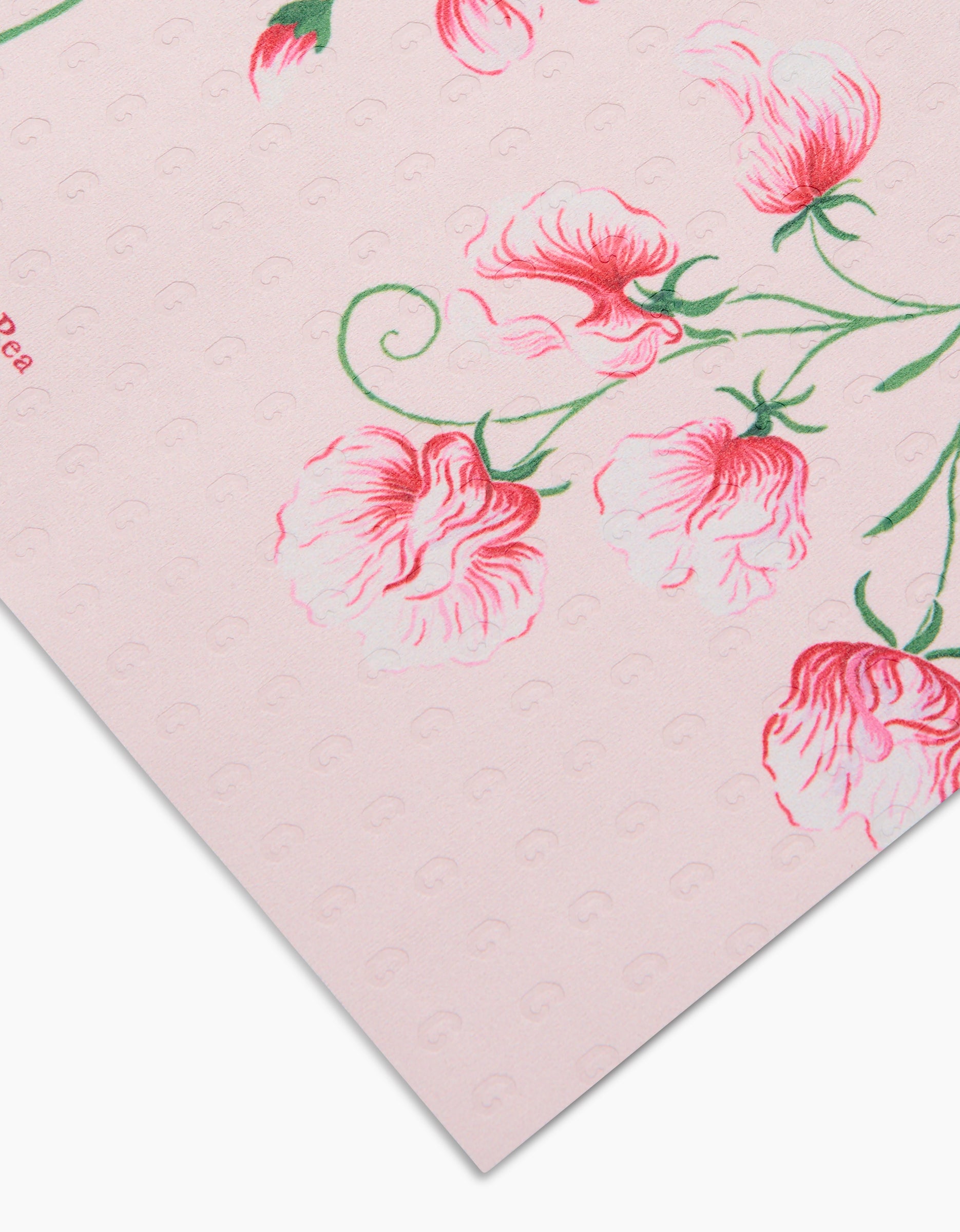 April Sweet Pea by Linda Fox is a pale pink sheet featuring red and pink sweet pea flowers with green stems and a subtle embossed dot texture—an eco-friendly alternative to traditional Not Paper Towels.
