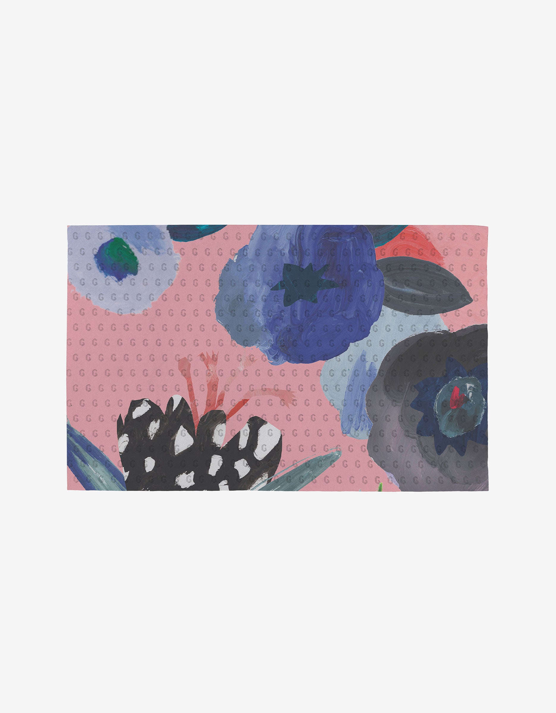The Artistic mat by GEOMETRY features a pink background with abstract blue, purple, and black flowers, green leaves, and polka dots. Crafted from eco-friendly post-consumer recycled materials.