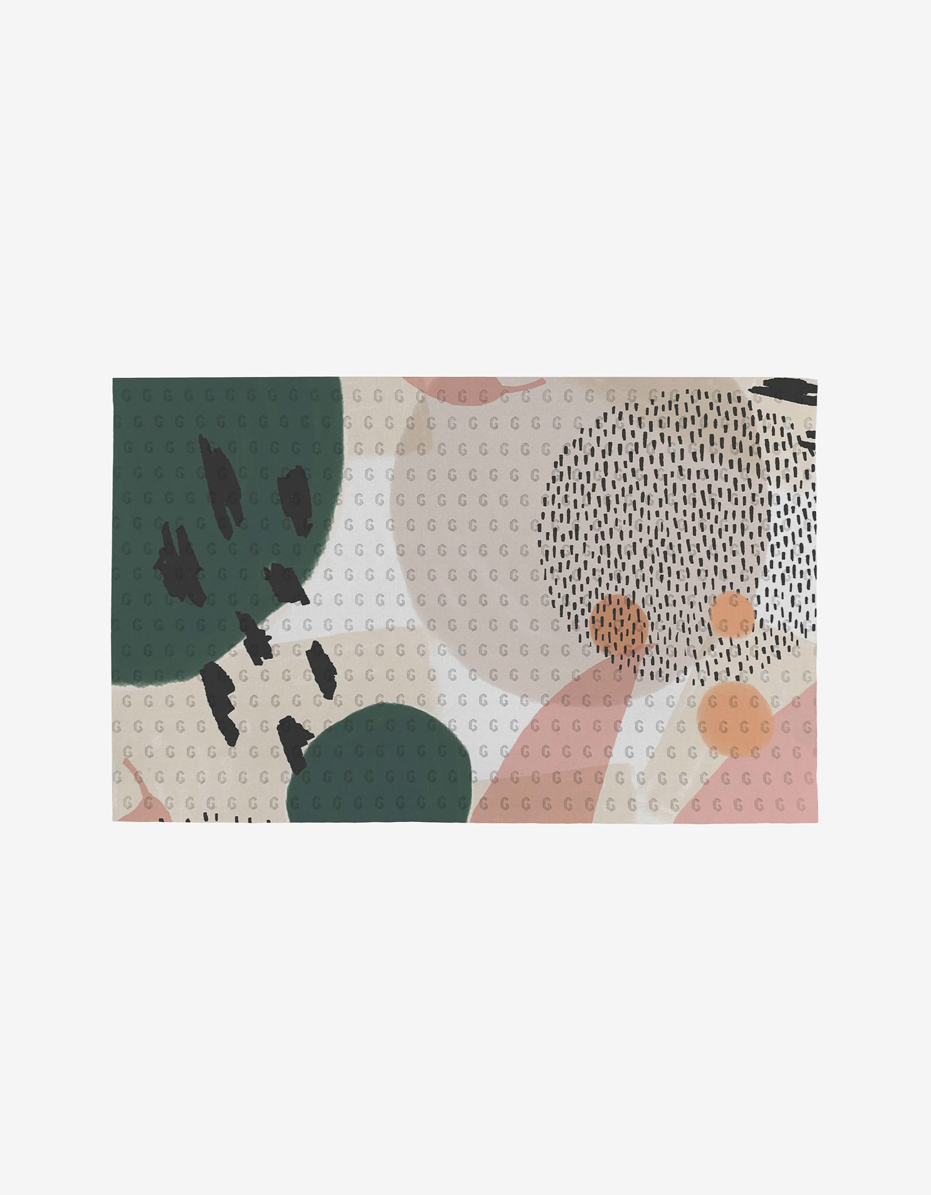 The GEOMETRY Artistic mat features an abstract pattern with dark green, pink, beige, and black shapes on a light background. Made from eco-friendly post-consumer recycled materials, its surface has textured raised circles.