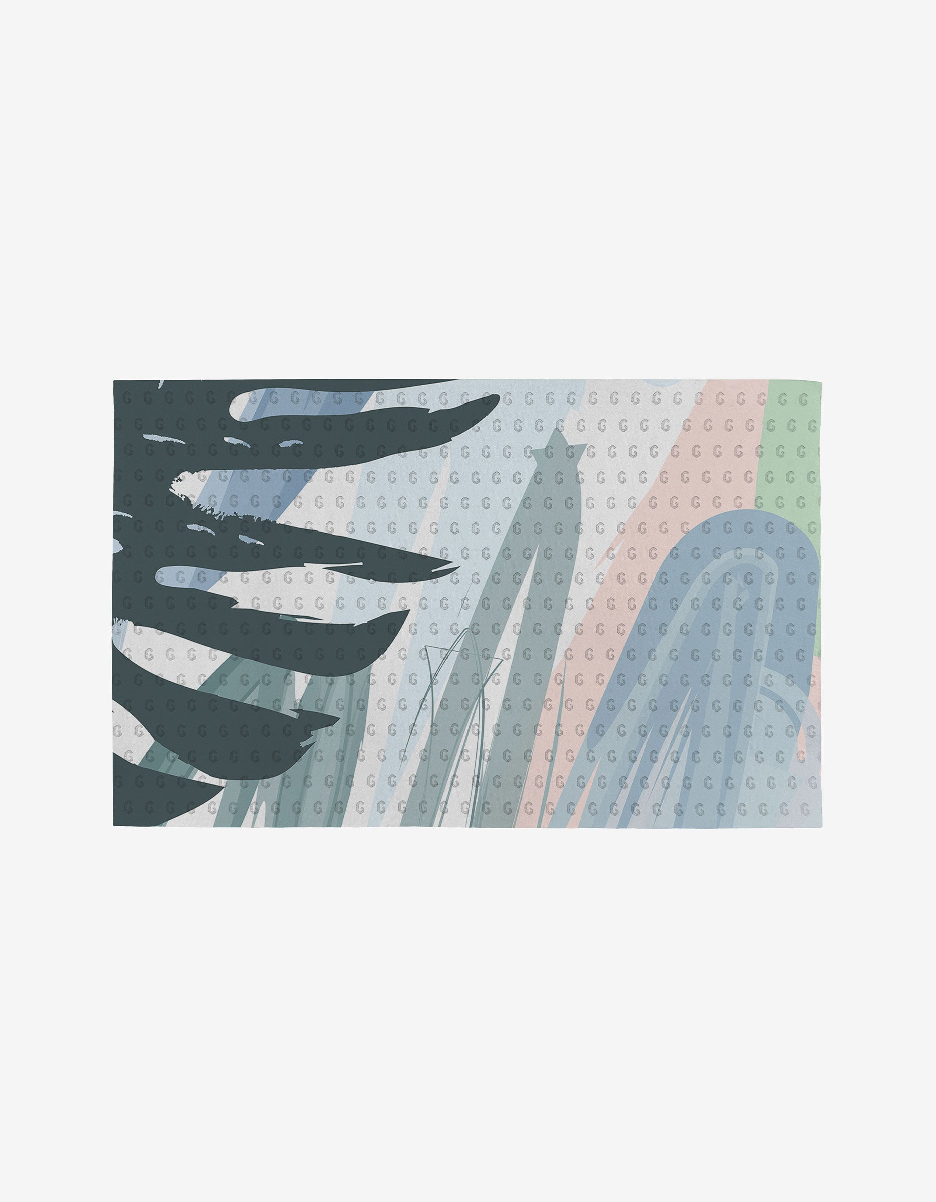 Artistic by GEOMETRY features overlapping geometric shapes in blue, green, pink, and gray. Dark brushstroke accents on the left blend with circular patterns throughout, creating an eco-friendly feel.