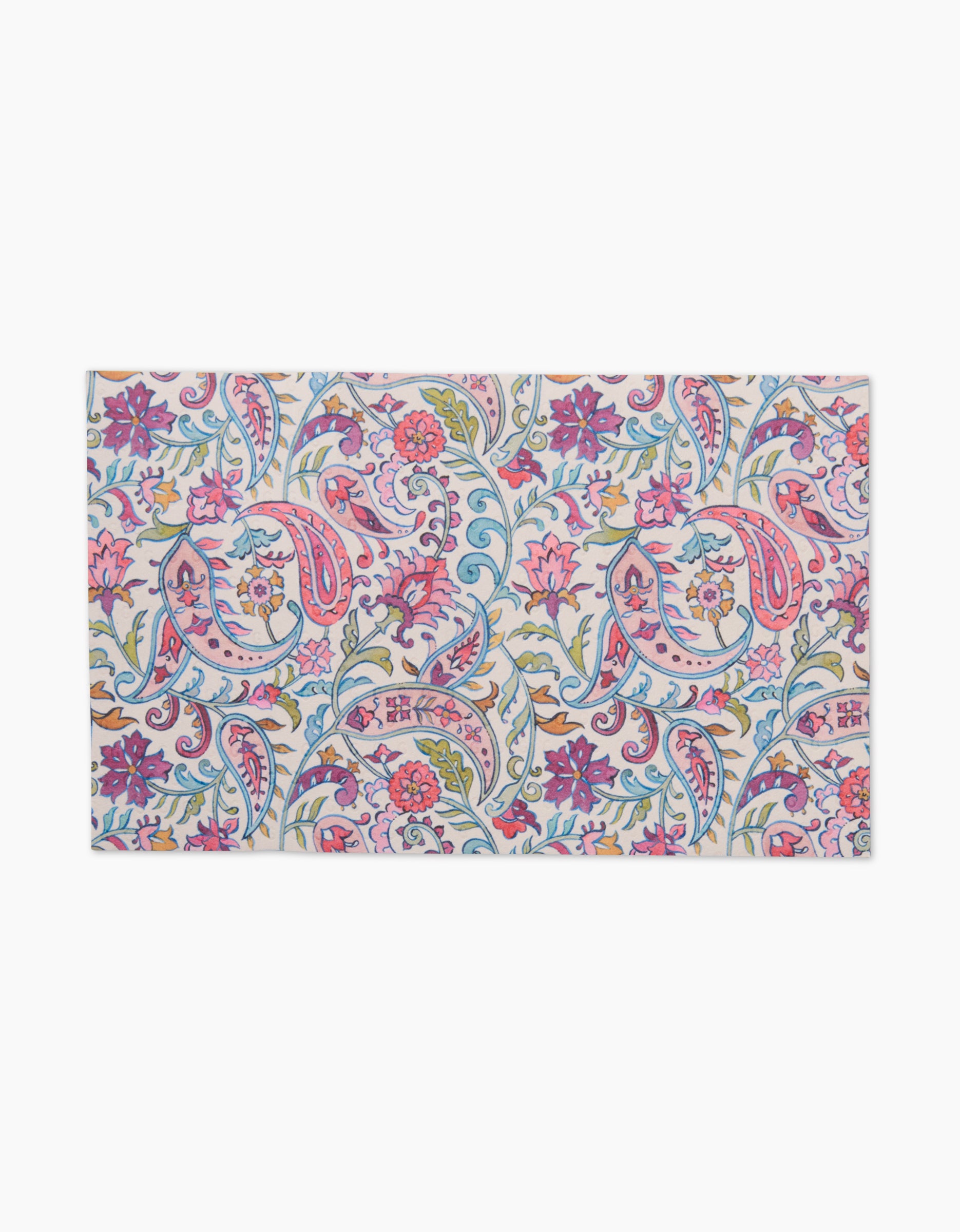 Bazaar by Maayan Alper-Swan: A rectangular textile featuring a vibrant paisley and floral pattern in pink, blue, green, and purple on white. An eco-friendly, reusable alternative to Not Paper Towels.
