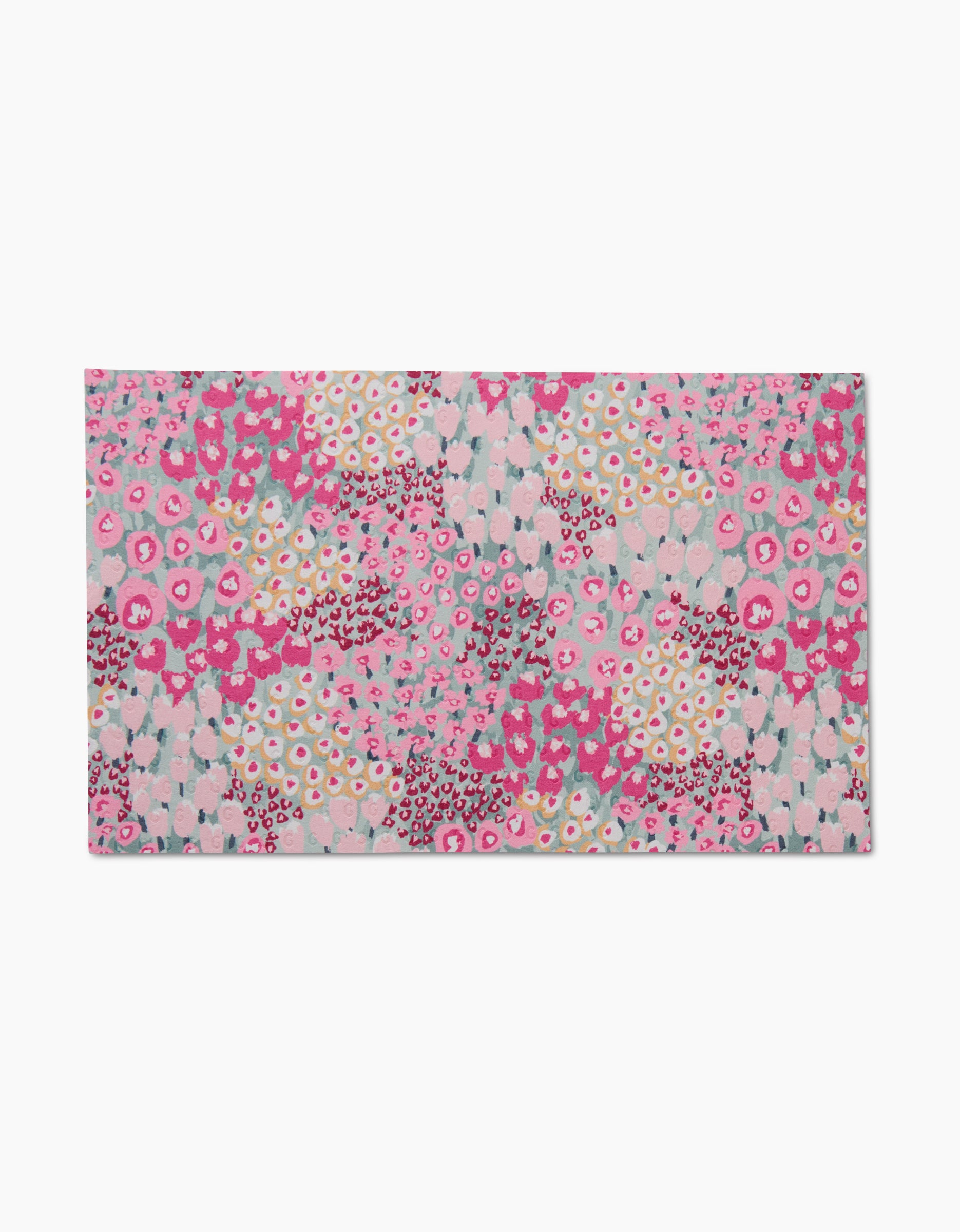 The Bloomed For Spring rectangular mat by Hufton Studio features an abstract floral pattern in pink, white, burgundy, and teal on a light background—crafted from post-consumer recycled materials for eco-friendliness.