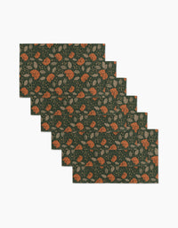 Six Cali Sun reusable paper towels by Amberleigh Adoff, featuring a dark green background with orange foxes, gray leaves, and beige accents, are shown arranged in a staggered stack.