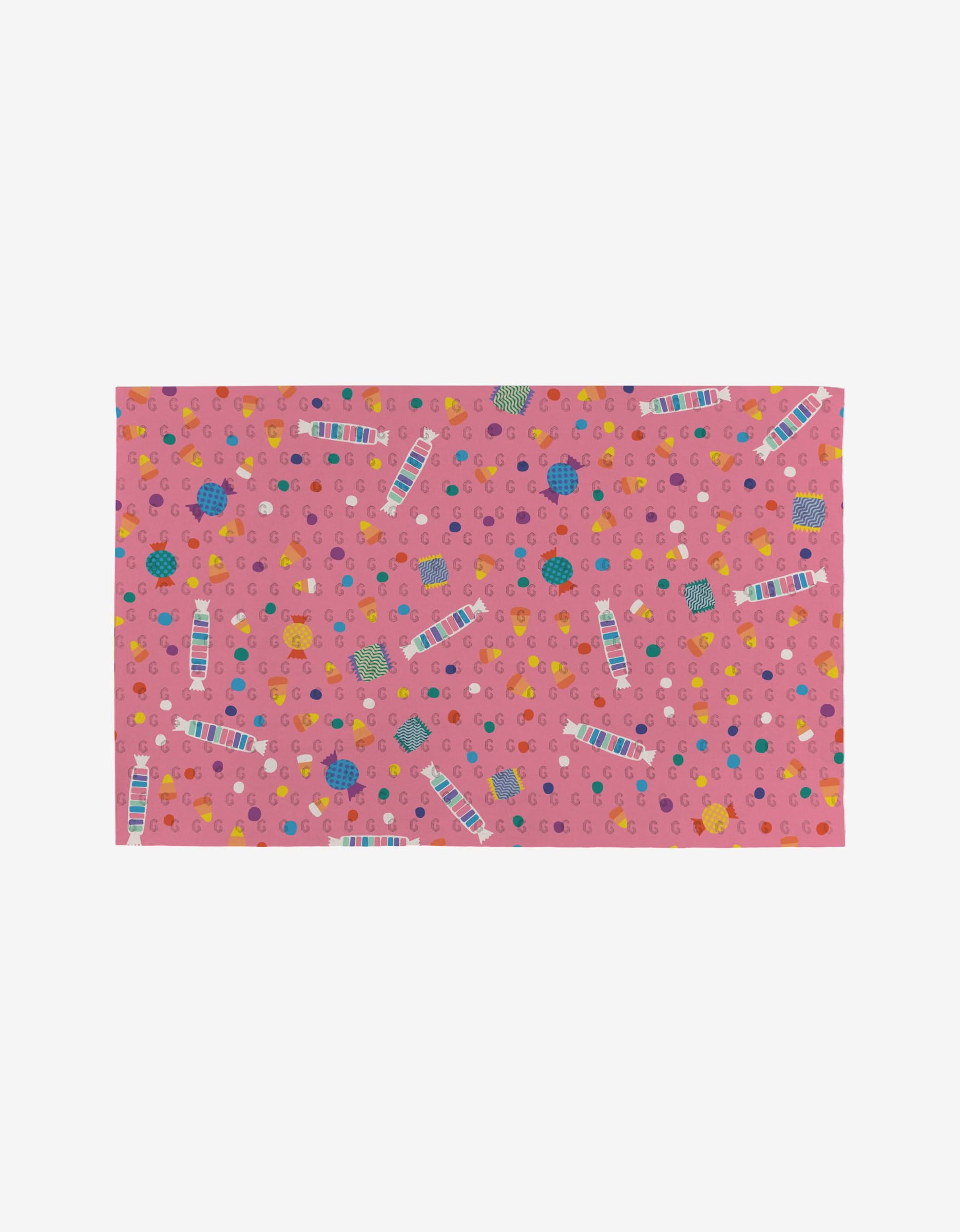 The Candy Rush mat by Rebecca Bobko features a rectangular pink design with playful colorful dots and small rectangles on a white background. This reusable, eco-friendly option is perfect as Not Paper Towels for a sustainable touch.