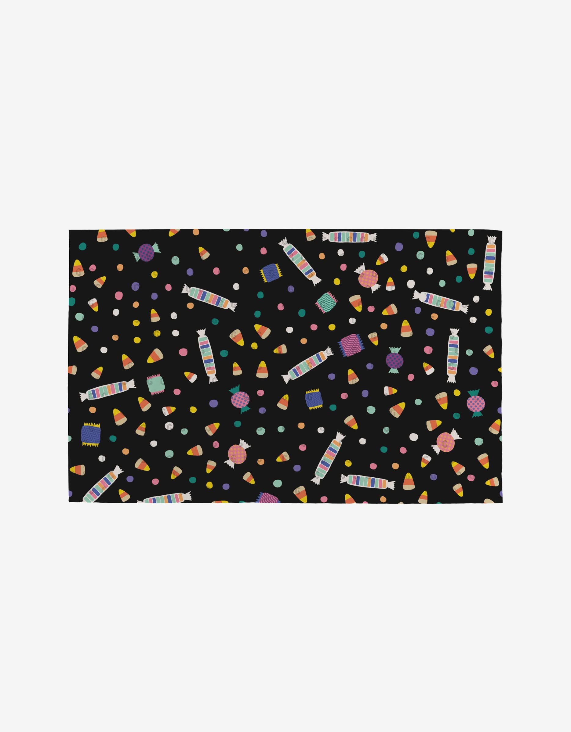 Candy Rush by Rebecca Bobko features a black background with colorful illustrations of wrapped sweets, candy corn, and dotted candies—ideal for eco-friendly reusable Not Paper Towels.