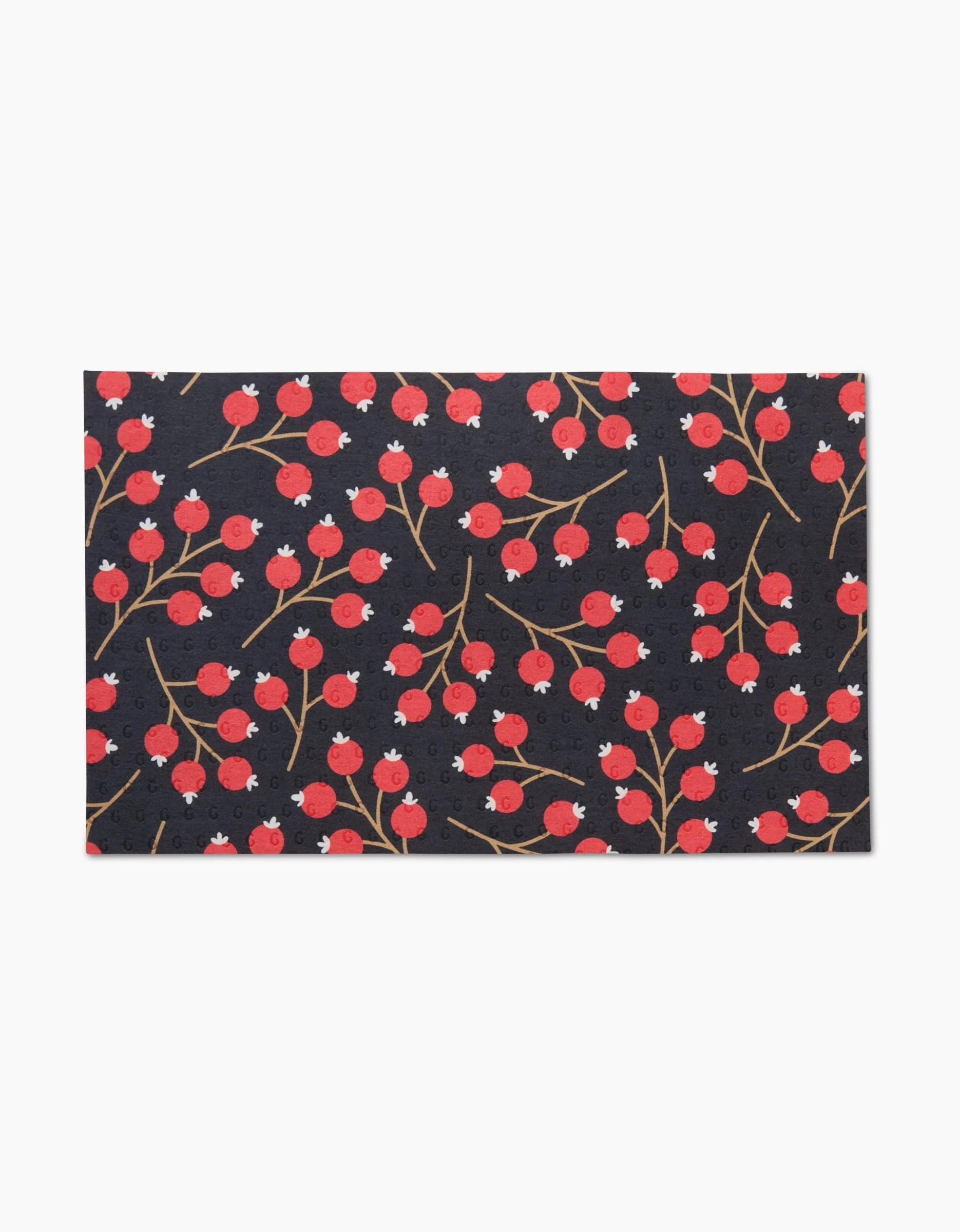 The Christmas Berries mat by Megan Kampa is a rectangular, machine washable mat with a dark background, decorated with red berries, brown branches, and green leaves.