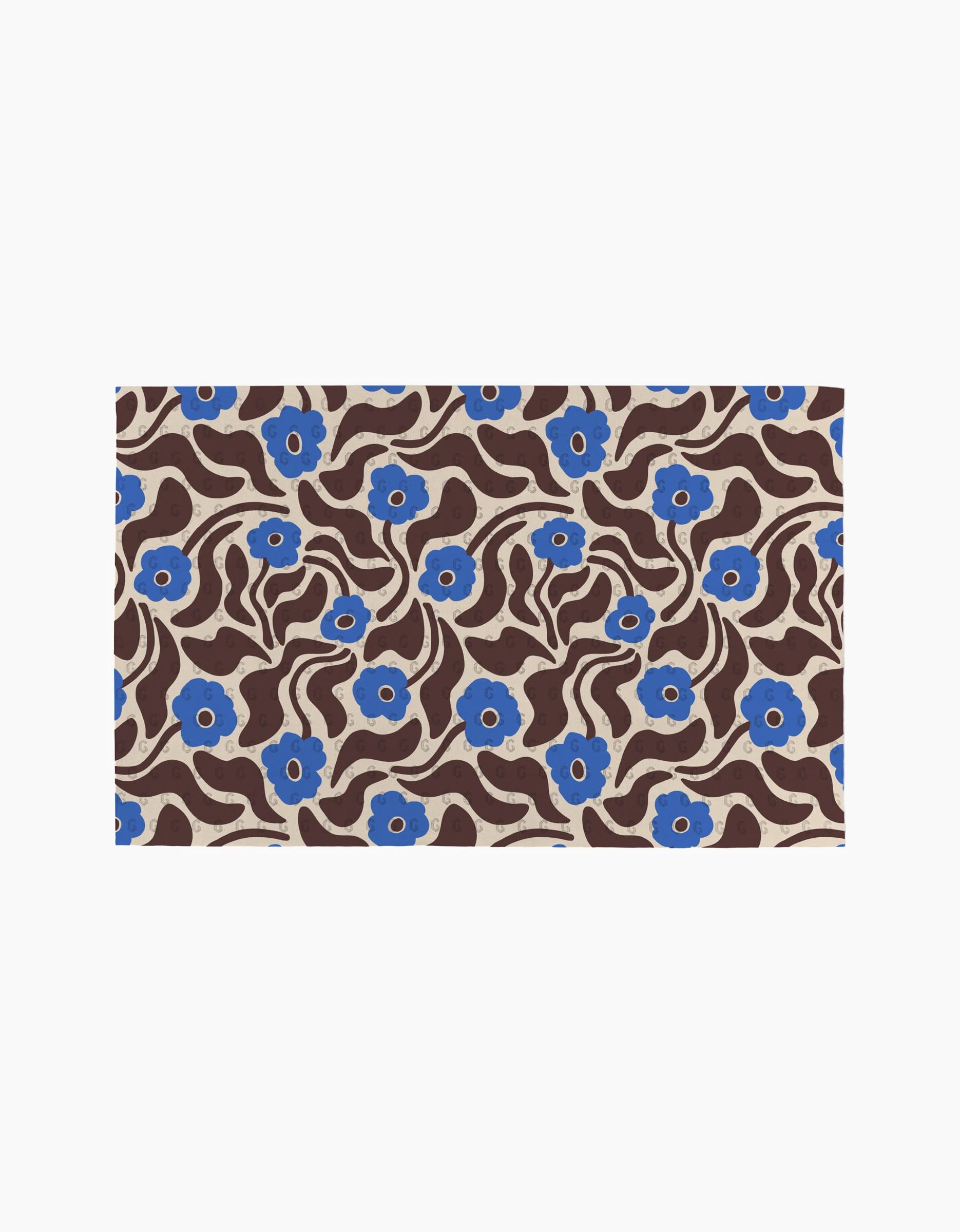 Coffee Reverie by Gerdadzy is a rectangular rug featuring wavy brown lines and blue flowers with beige centers on a beige background, ideal for enhancing eco-friendly kitchens or pairing with sustainable towels.