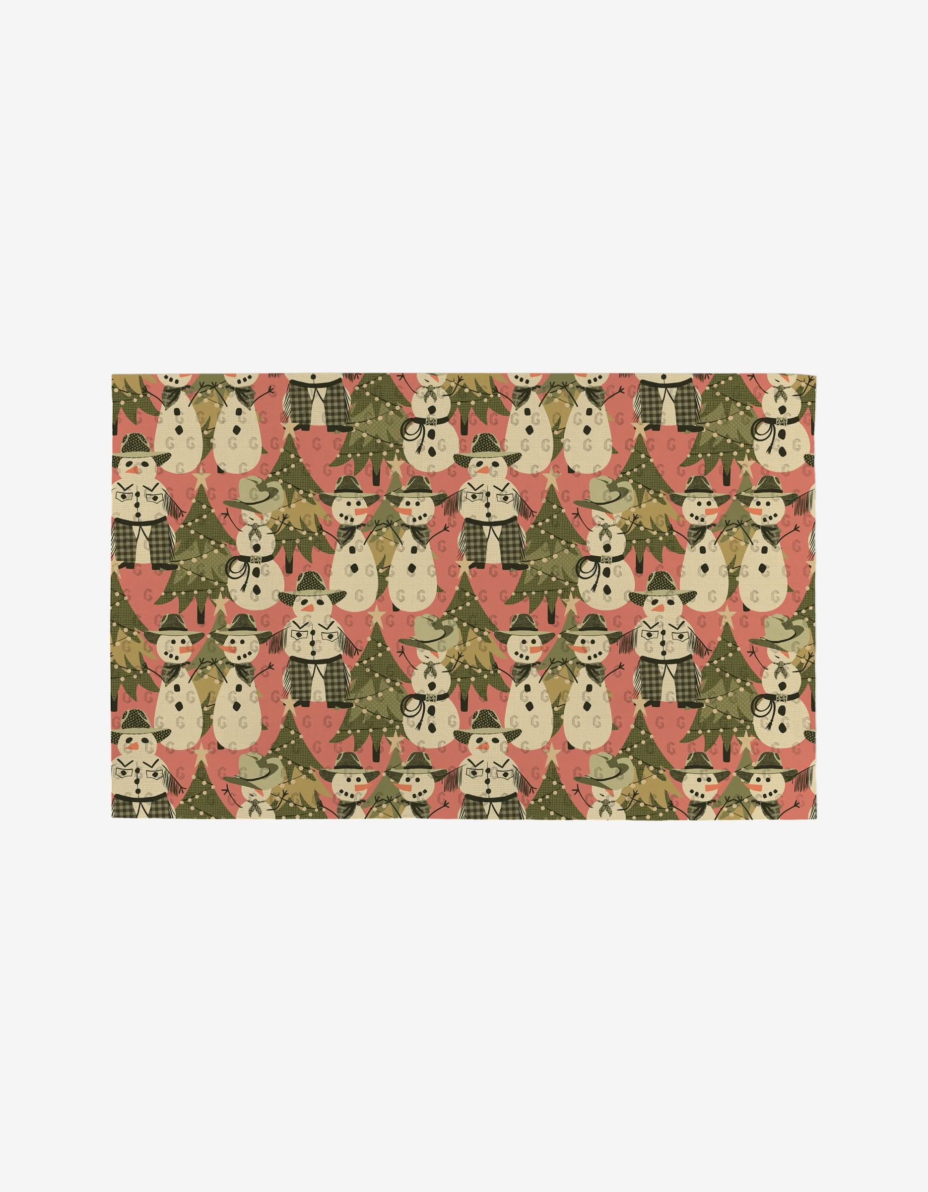 The Julianne Haness Cowboy Winter rug features a festive pattern with snowmen in scarves and hats, decorated Christmas trees, red and green tones, and is made from eco-friendly, reusable materials for cheerful holiday décor.