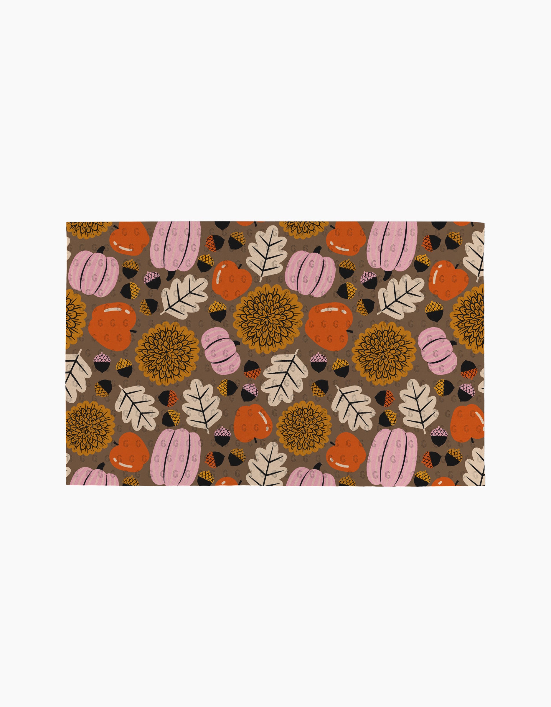 The Crisp and Cozy pattern by Megan Roy features orange and pink pumpkins, yellow sunflowers, cream leaves, and brown acorns on a dark background—ideal for sustainable kitchen or reusable paper towels.
