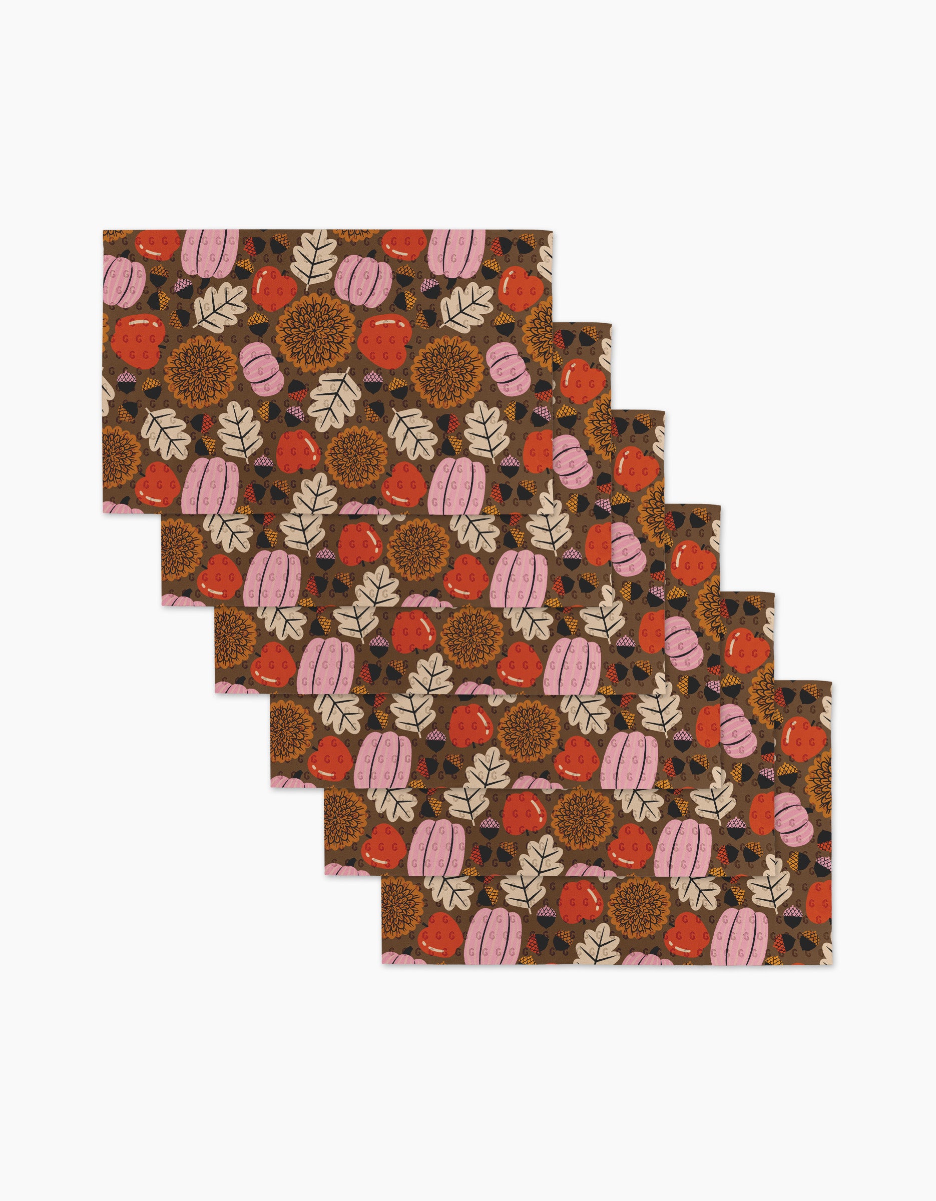 Six Crisp and Cozy reusable napkins by Megan Roy feature a fall design with pink pumpkins, red berries, orange flowers, brown acorns, and beige leaves on a dark background; set includes six stacked rectangular napkins.