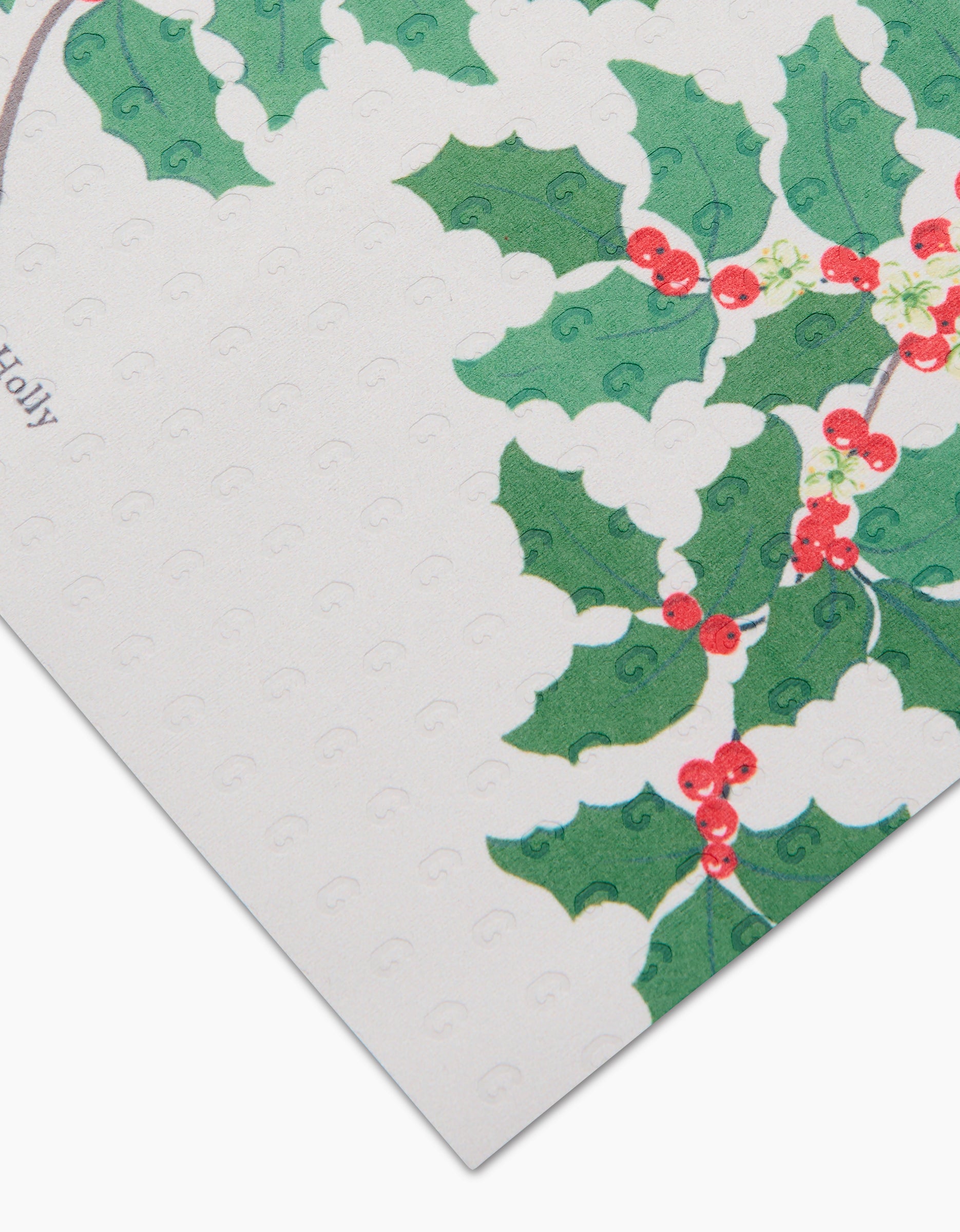 December Holly by Linda Fox features green holly leaves and red berries on a white background with embossed dots, crafted from eco-friendly post-consumer recycled materials for festive, sustainable wrapping.