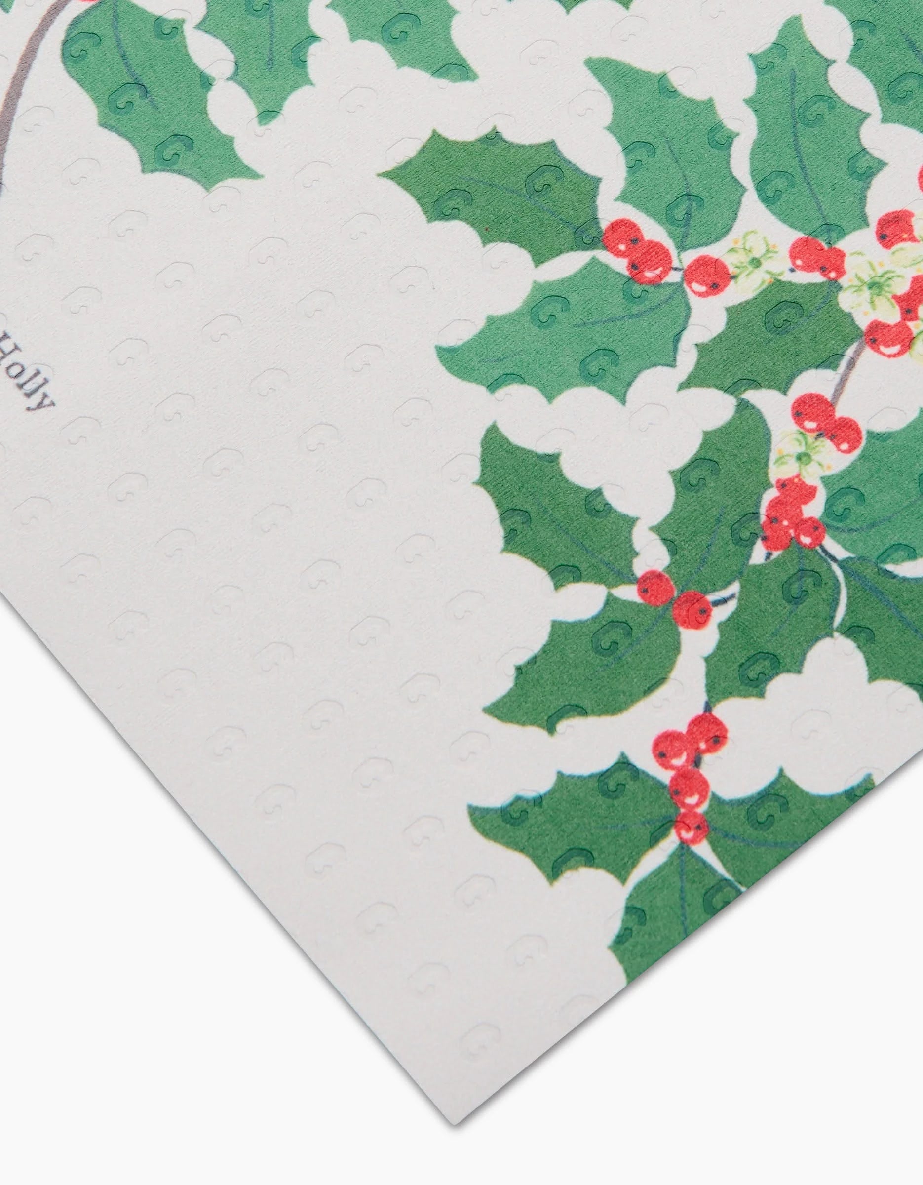 December Holly by Linda Fox features green holly leaves and red berries on a white background with embossed dots, crafted from eco-friendly post-consumer recycled materials for festive, sustainable wrapping.