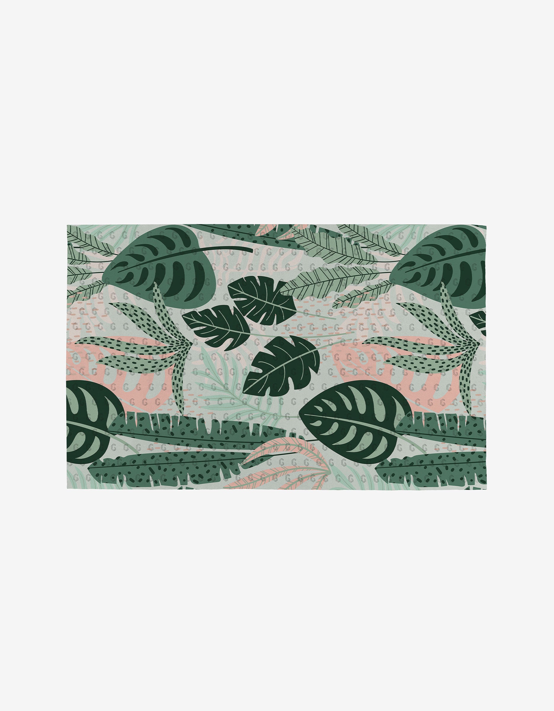 Diedre by GEOMETRY features a rectangular design of layered green tropical leaves with light pink on a pale background—an ideal eco-friendly pattern for reusable products like Not Paper Towels.