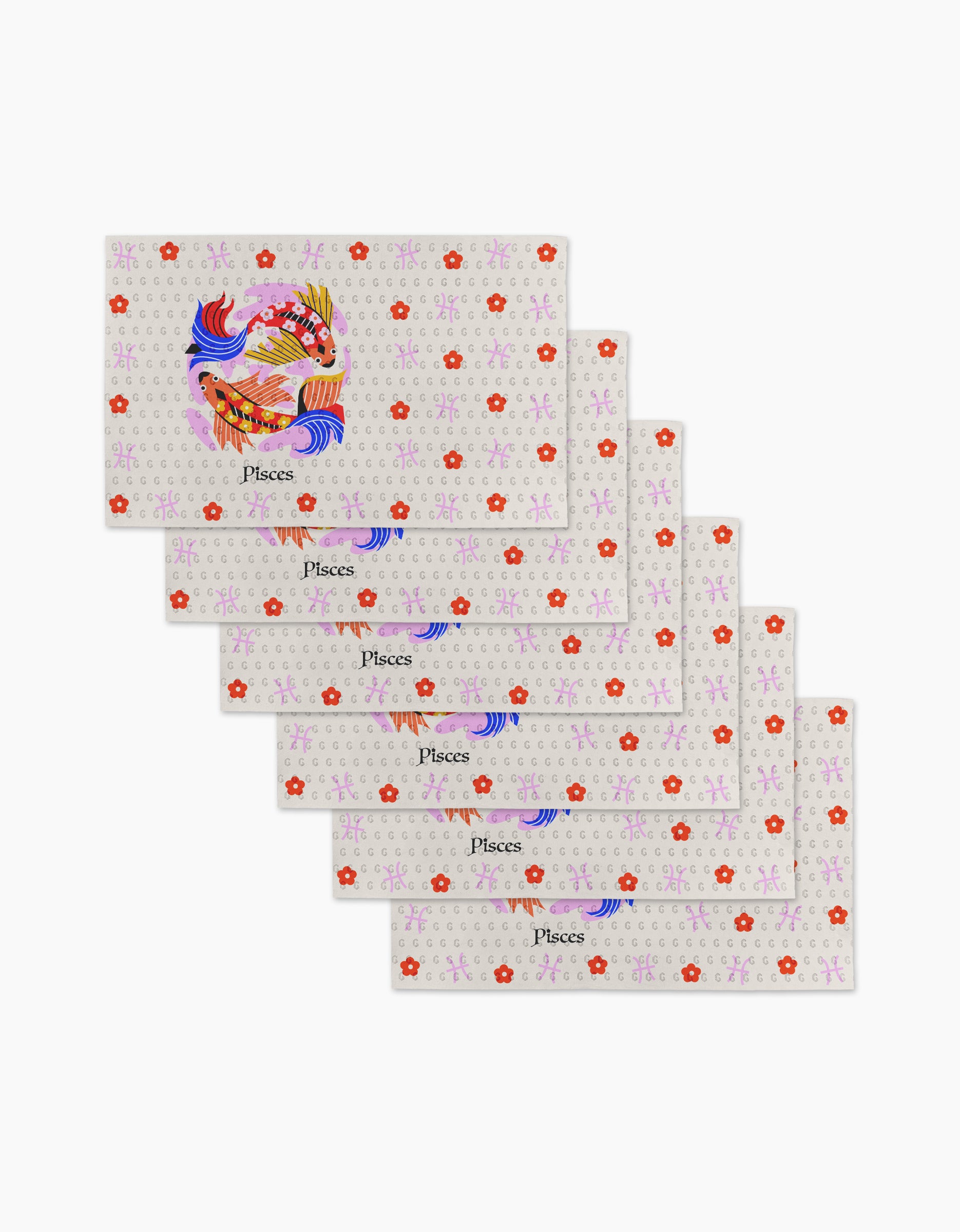 Six Dreamy Pisces cards by Heather Zhou feature colorful fish, "Pisces" in the center, red flowers, and zodiac symbols on white—arranged in a cascading stack for perfect eco-friendly paper towel inspiration.