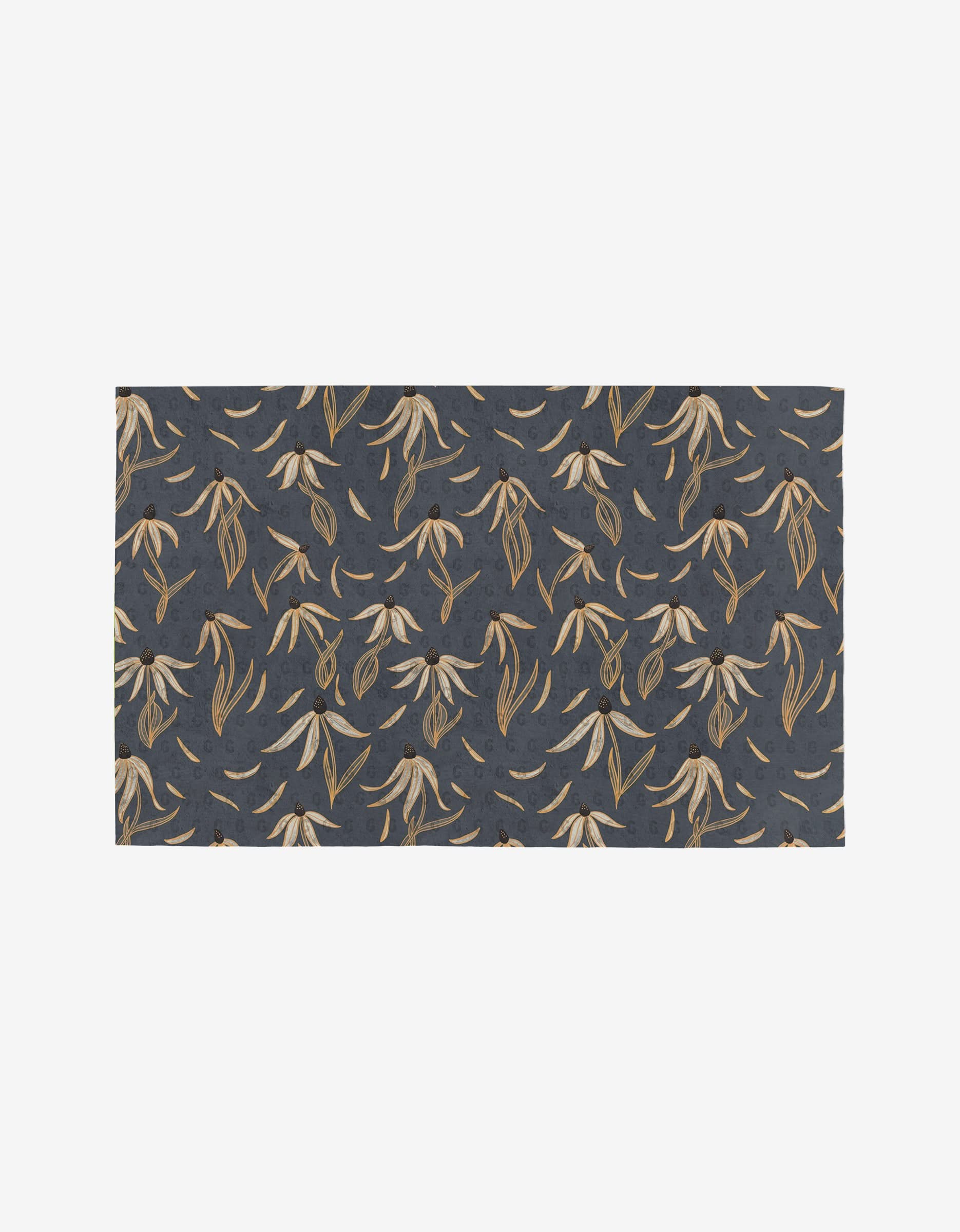 The Echinacea rug by Katie OShea features a dark blue background adorned with a repeating pattern of beige and light brown leaves, inspired by botanical elements and eco-friendly design.