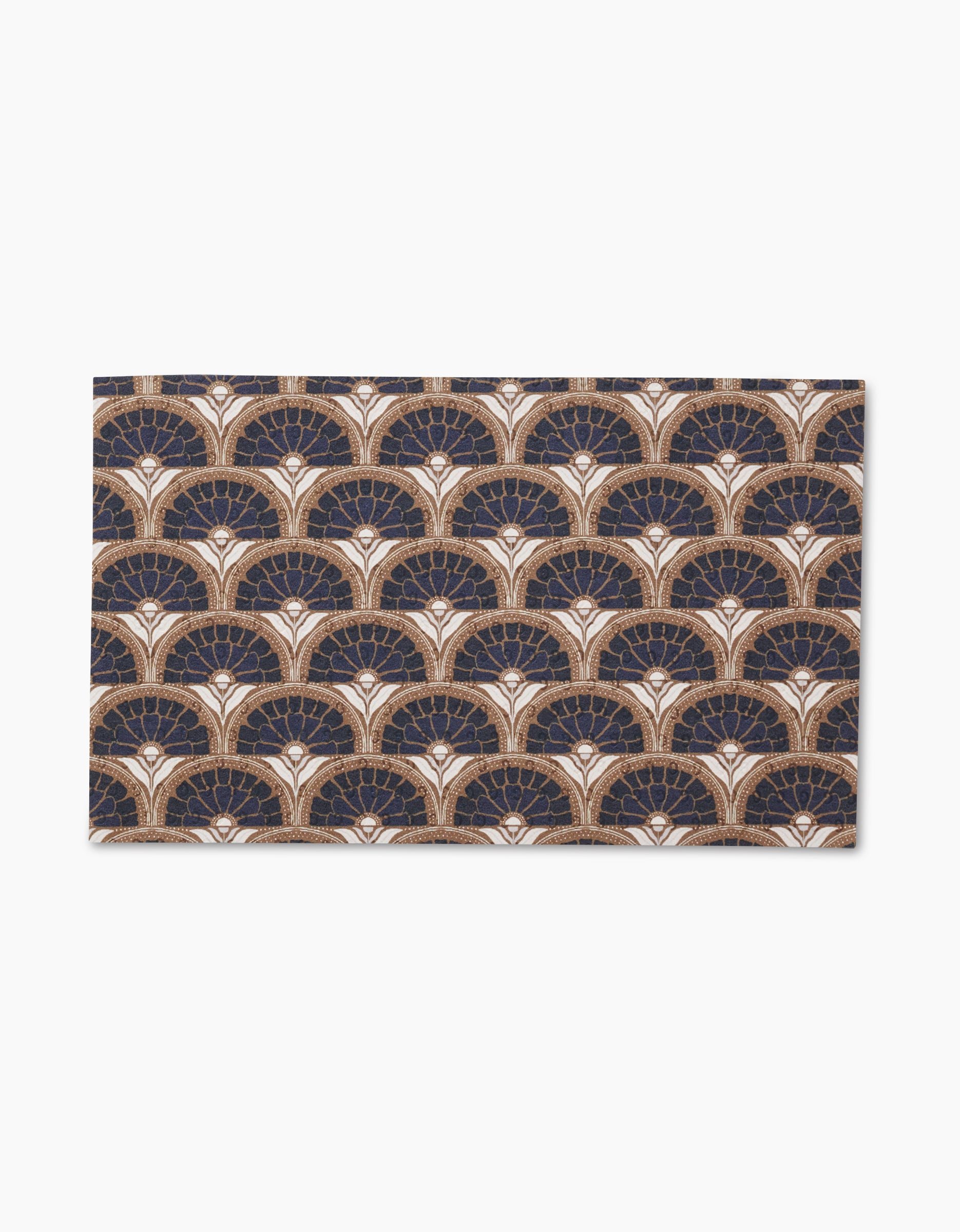 Eliza by Amy MacCready is a rectangular, eco-friendly textile featuring an Art Deco fan pattern in navy blue, gold, and white—an elegant alternative to paper towels.