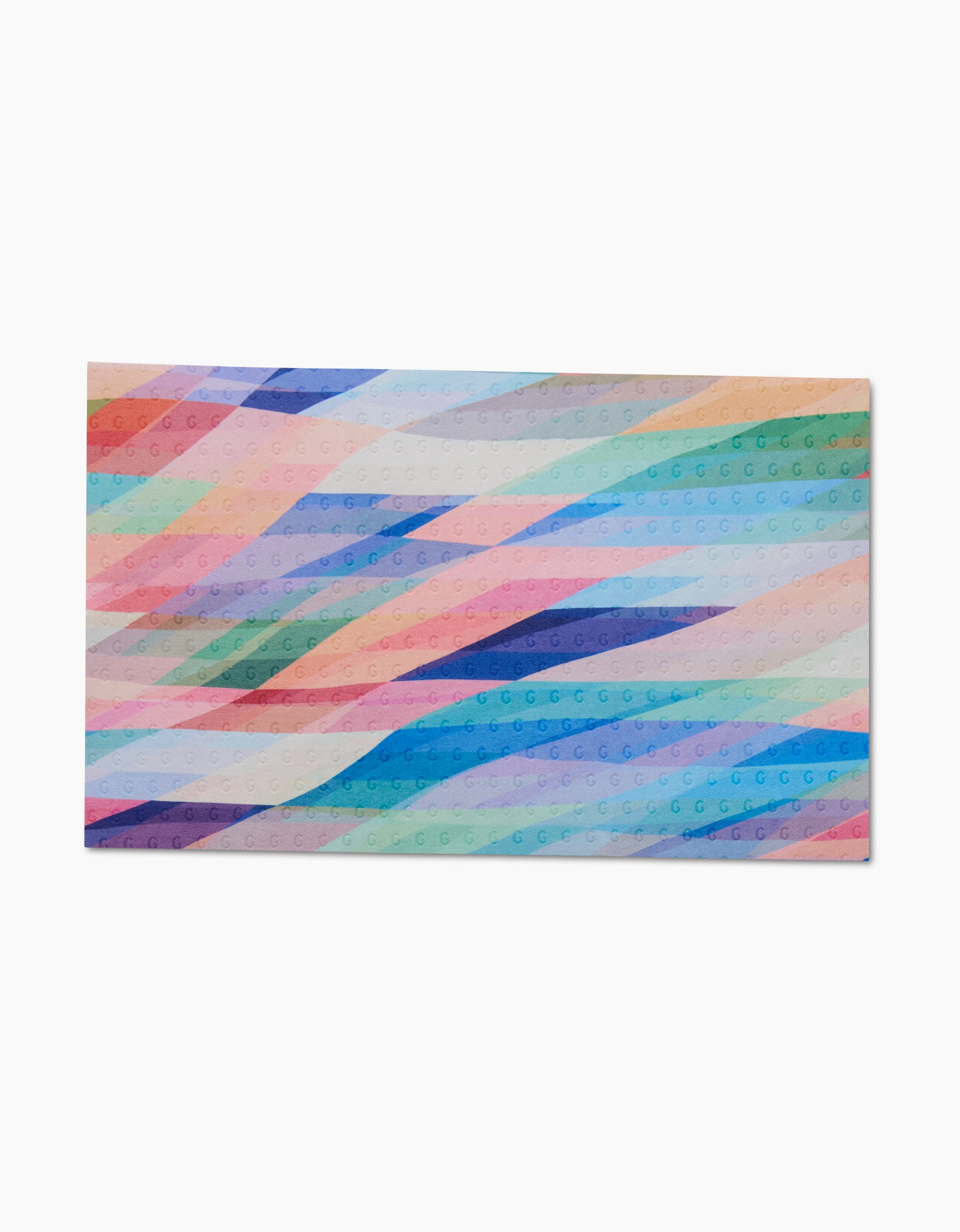 Eventide by Rachel Parker: a rectangular LEGO baseplate with an abstract, multicolored geometric pattern in pastel blue, pink, purple, green, and orange—made from eco-friendly post-consumer recycled materials.