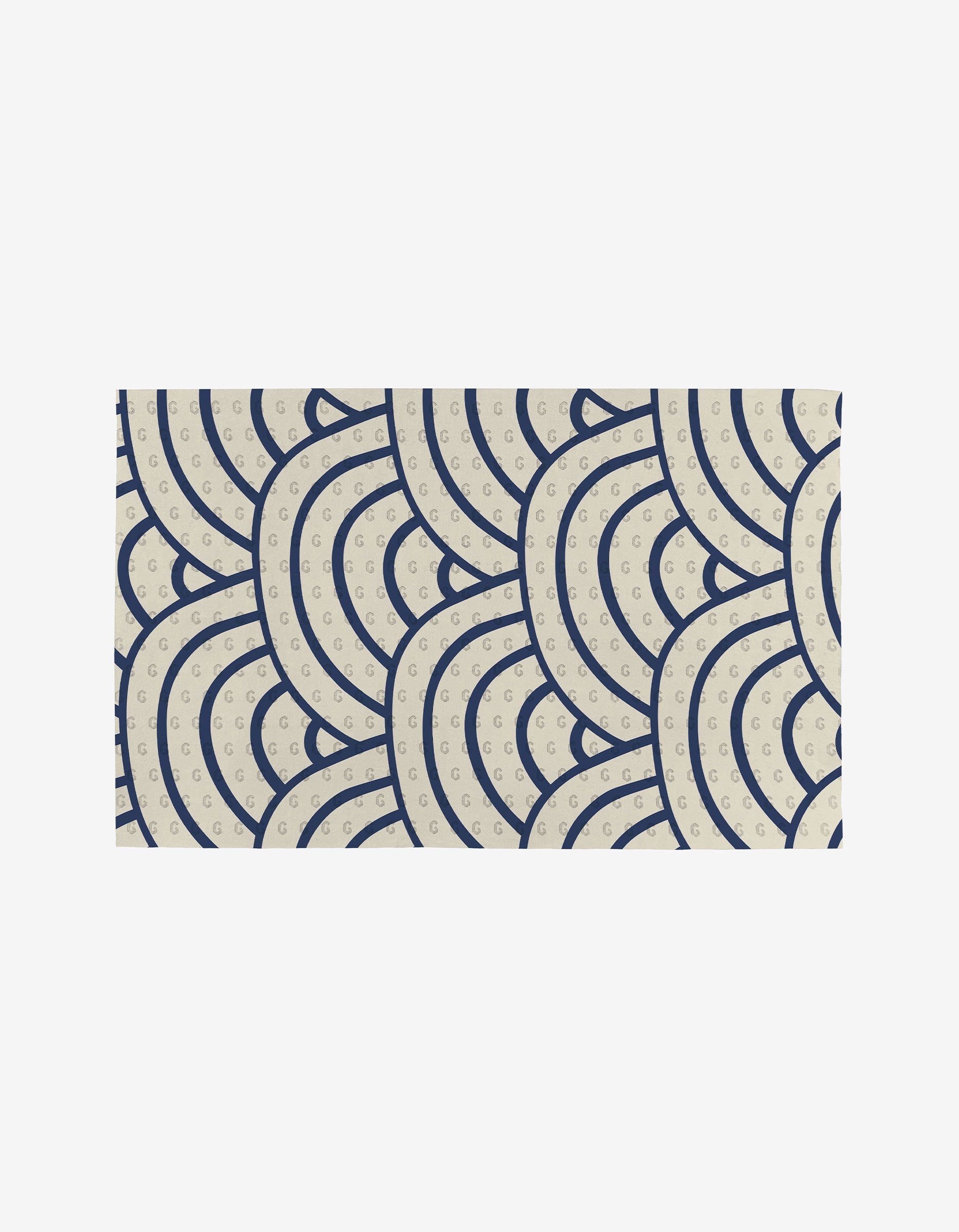 Every Level by GEOMETRY features a rectangular pattern of interlocking curved navy lines on beige, forming wave shapes with small dots. Made from eco-friendly, post-consumer recycled materials.