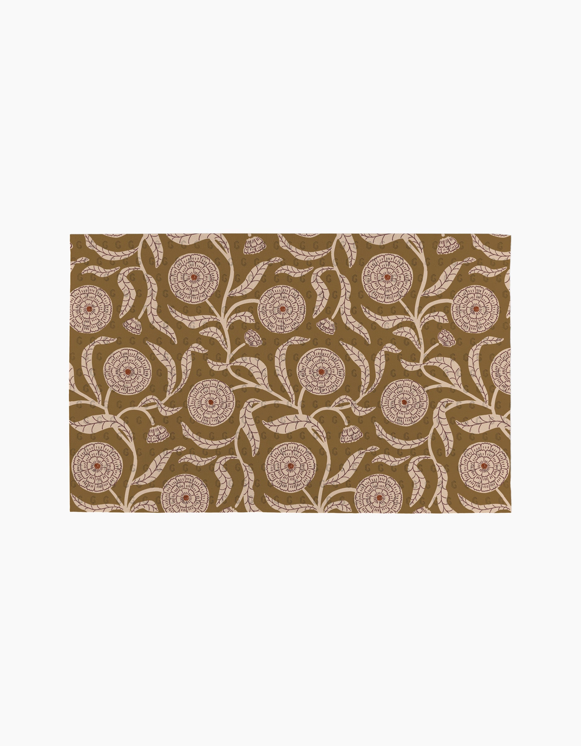 The Falling Flowers rug by Teri the Butter features a brown base with red and white floral motifs and leafy vines in a symmetrical pattern—an elegant accent that pairs perfectly with eco-friendly paper towels for your home.