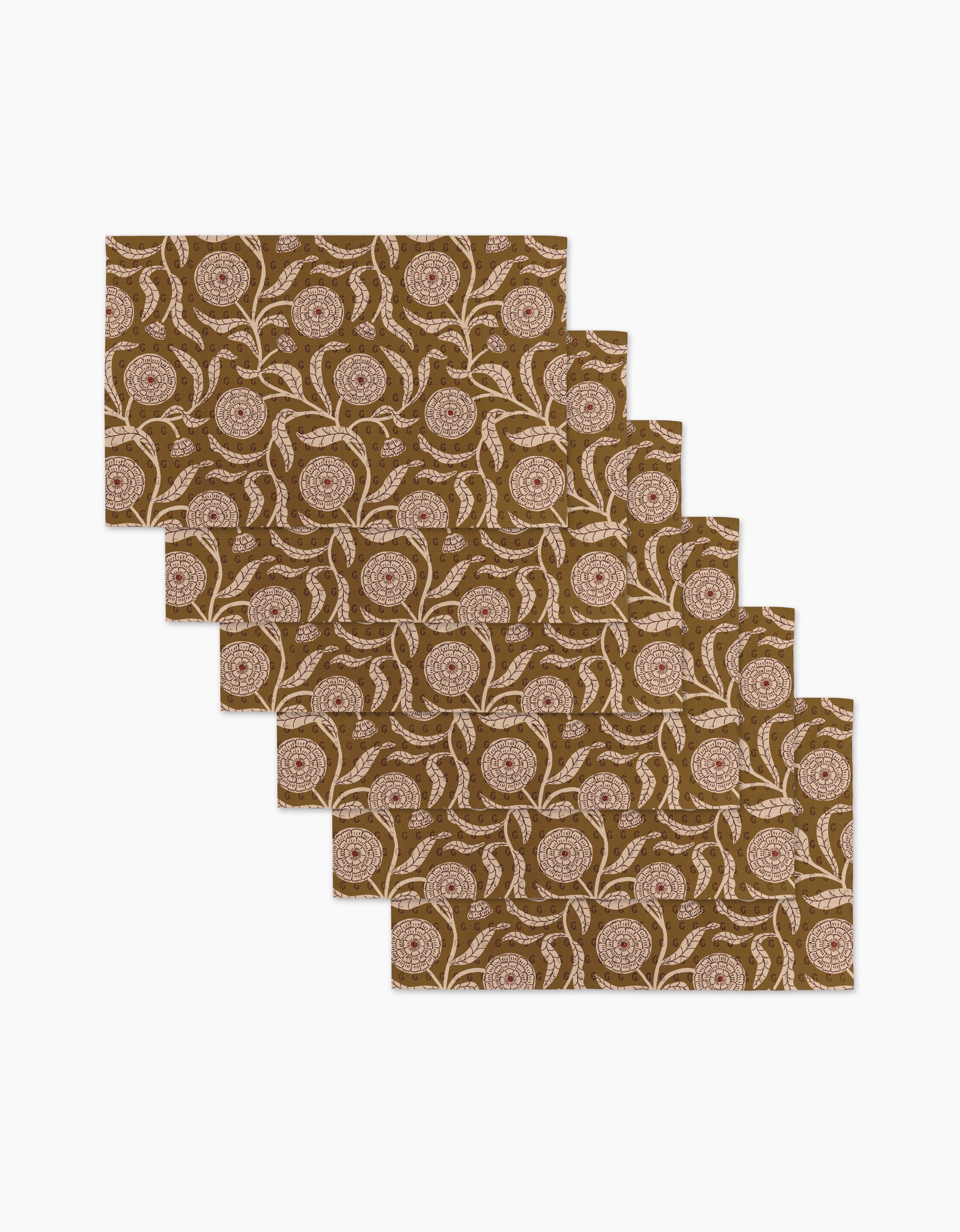 Six "Falling Flowers" mats by Teri the Butter, with a brown background and white swirling floral designs, are stacked on a white surface—ideal as eco-friendly kitchen towels or reusable Not Paper Towels.