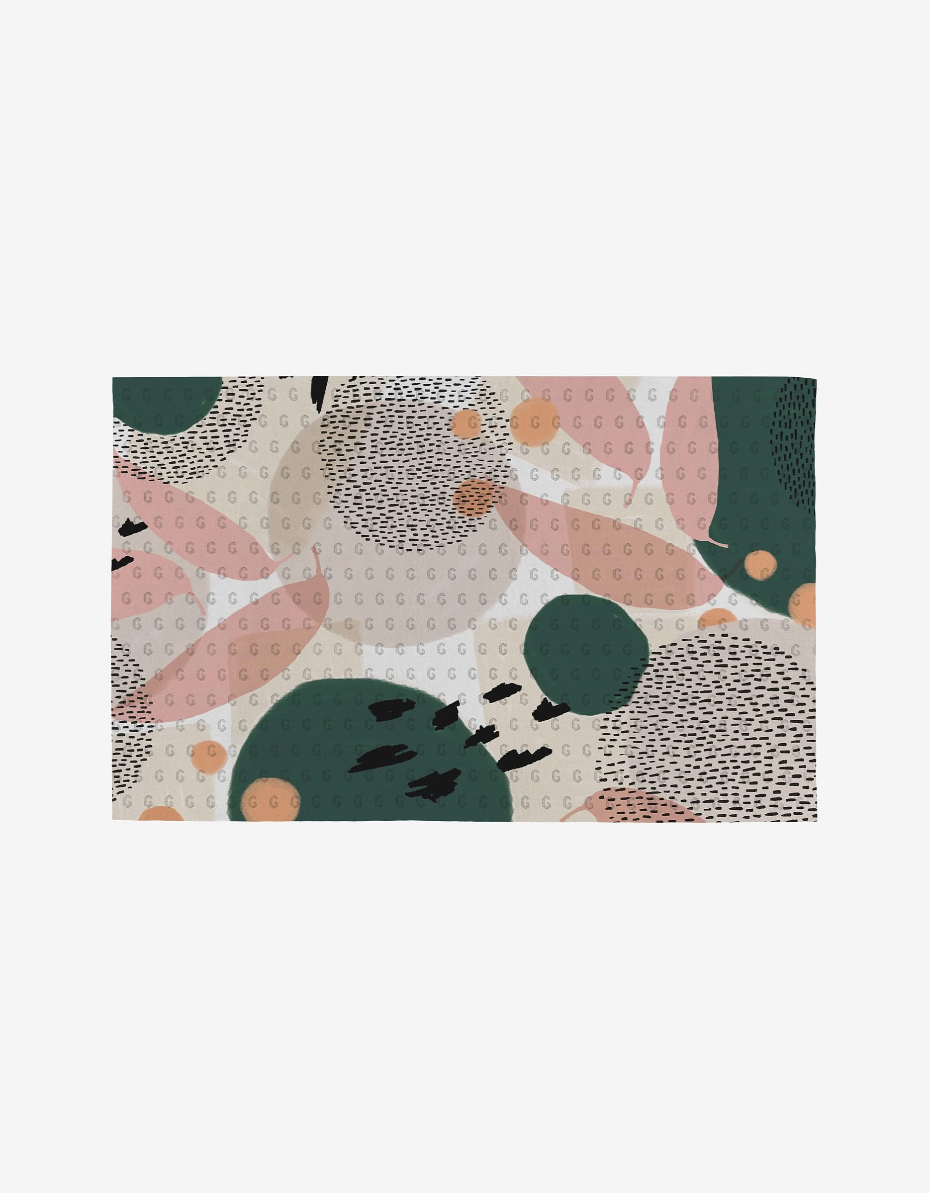 Falling by GEOMETRY features abstract overlapping circles and ovals in green, pink, beige, and peach with dotted and dashed accents on a white background.