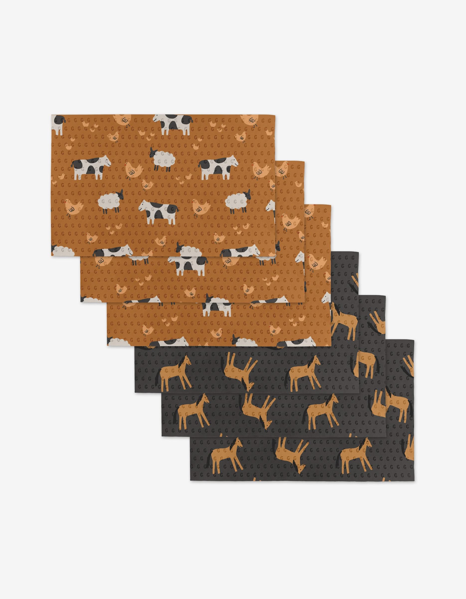 Coit Creative’s Farm Animals set includes six rectangular napkins—three brown with cows and sheep, three dark gray with horses—each featuring a dotted background. Made from post-consumer recycled materials, they’re an eco-friendly choice.