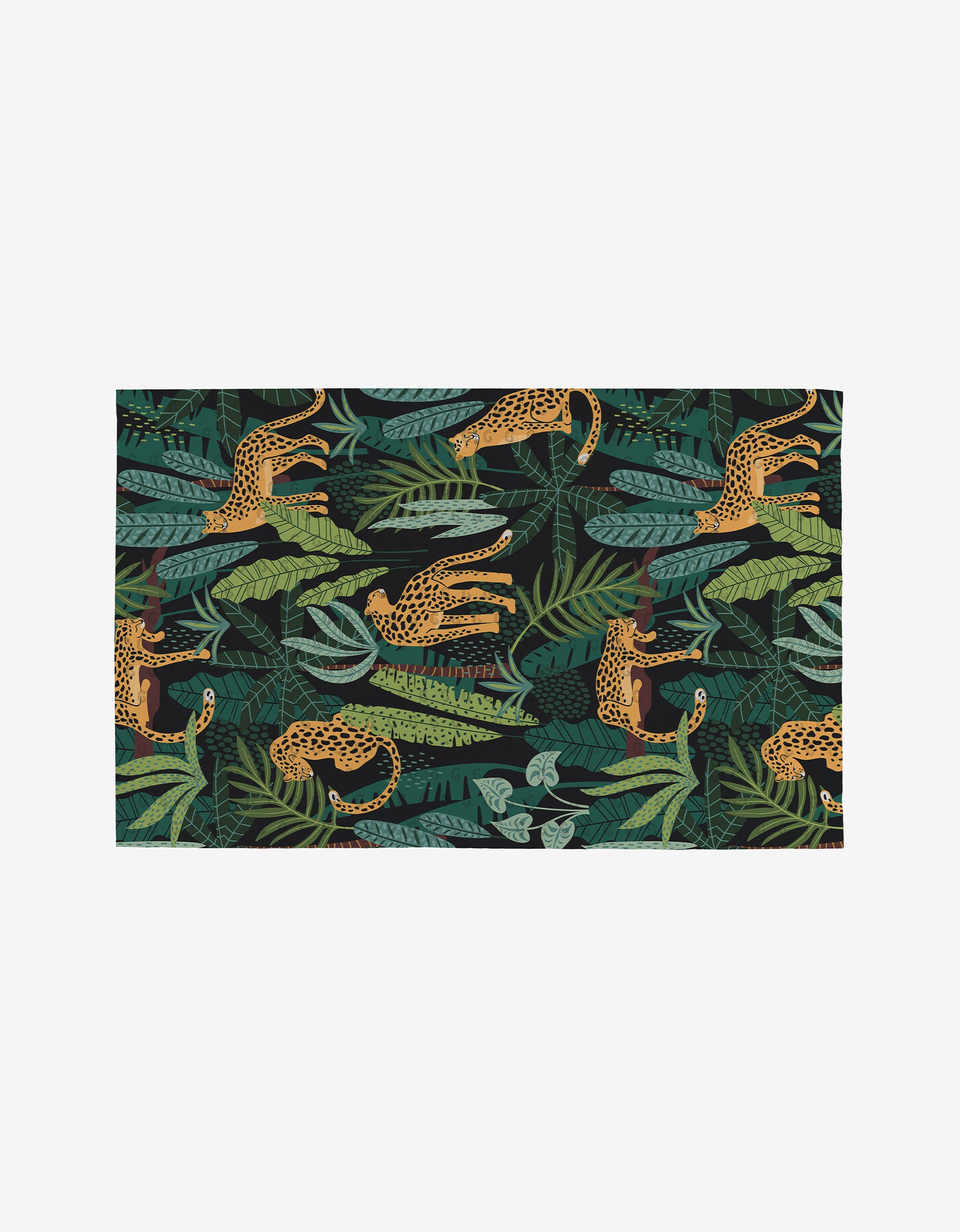 The GEOMETRY Feeling Spotty mat is rectangular, reusable, and features a leopard pattern with large green leaves set against a dark background.
