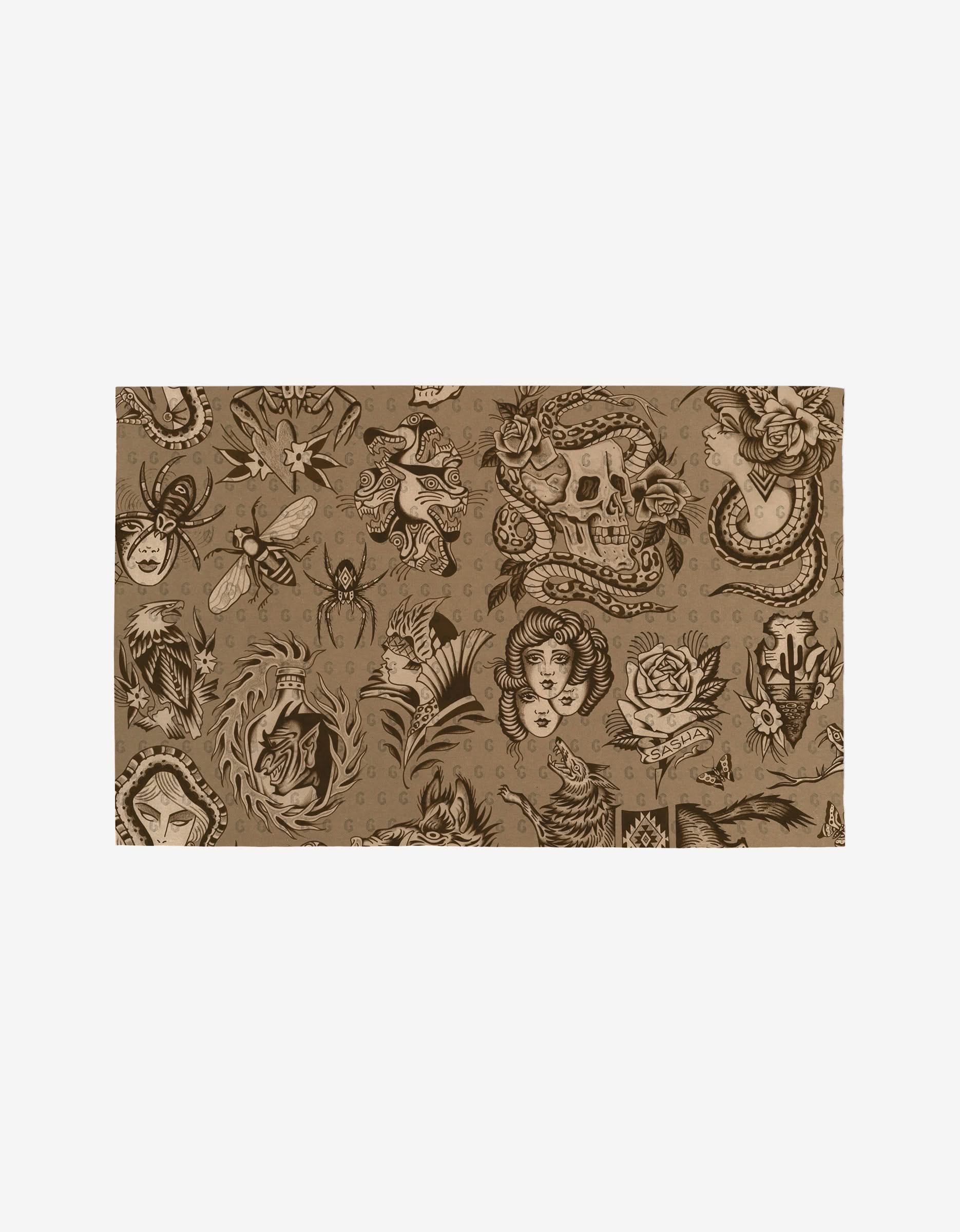 The Cole Strem Flash rug is a brown rectangular piece with classic tattoo flash art—black ink snakes, skulls, roses, spider webs, insects, and faces—crafted from eco-friendly materials.