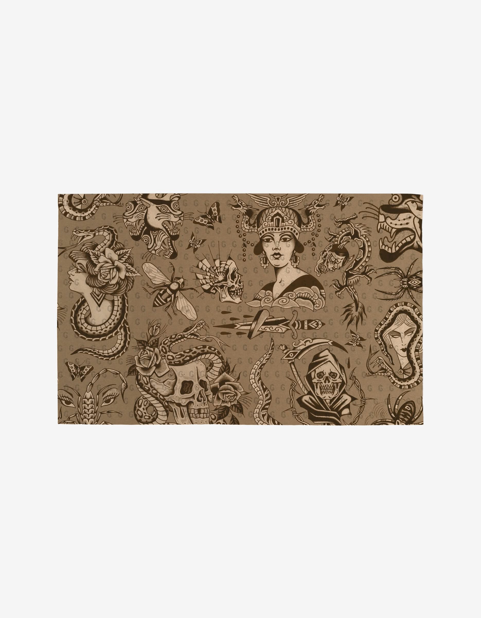 Flash by Cole Strem is a brown rectangular cloth adorned with classic tattoo-style art—women in helmets, snakes, skulls, roses, a tiger, and more—offering a reusable and eco-friendly alternative to paper towels.