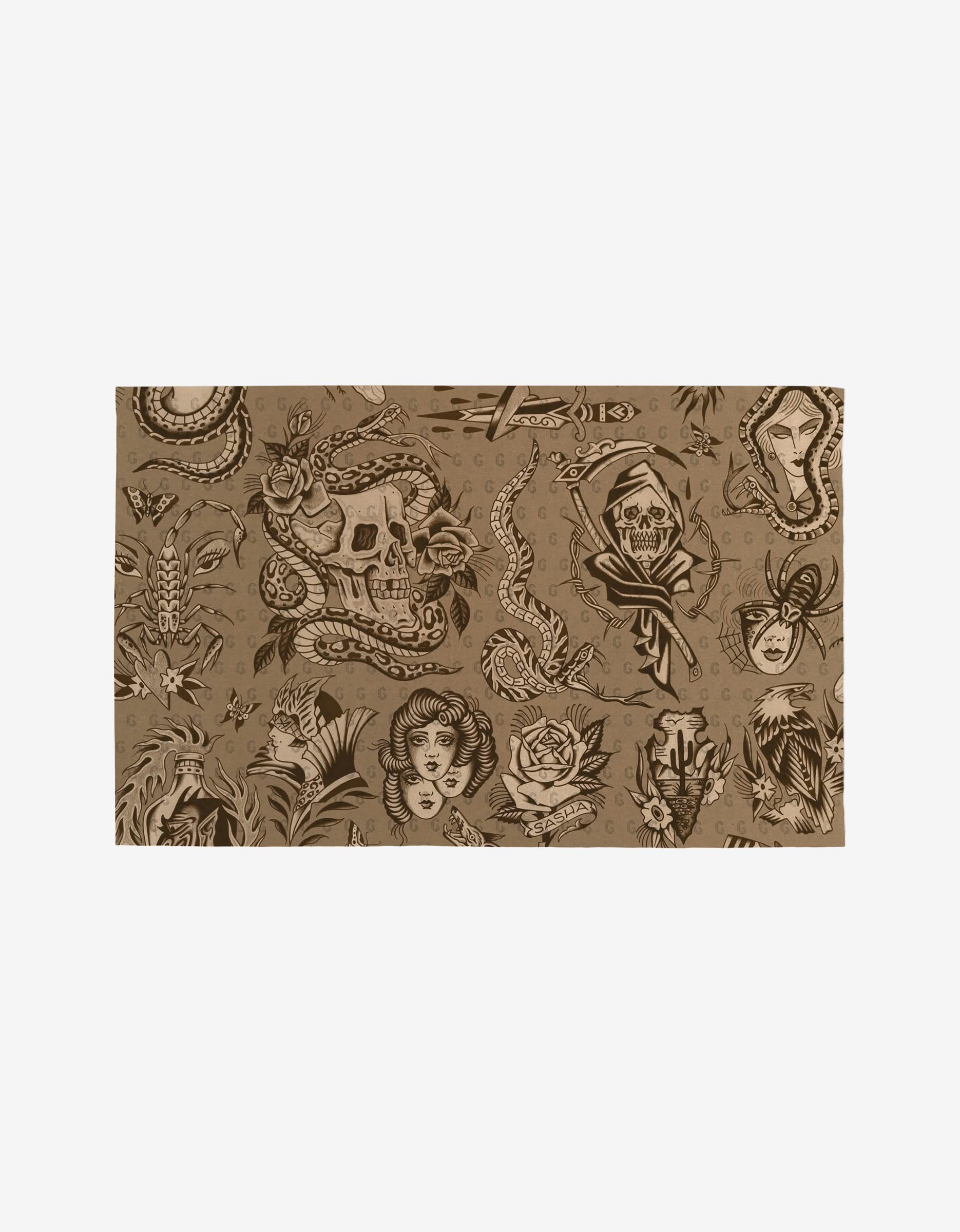 Flash by Cole Strem is a brown reusable cloth featuring black tattoo-style skulls, snakes, roses, a womans face, a roaring panther, and a grim reaper—a sustainable alternative to Not Paper Towels.