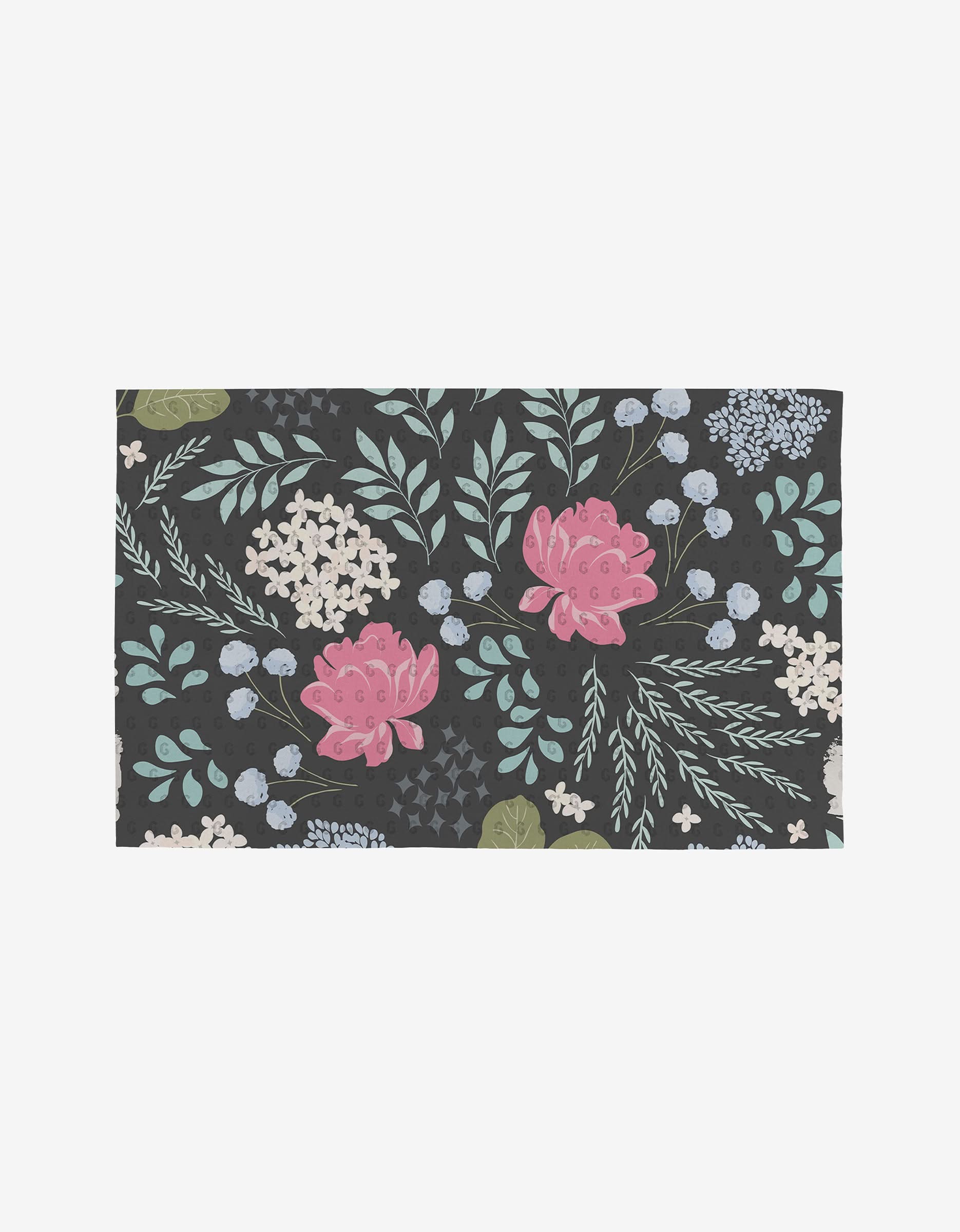 Floral Fun by GEOMETRY is a rectangular mat with a dark background and a floral pattern of pink flowers, white clusters, blue berries, and green leaves. This reusable design offers an eco-friendly alternative to paper towels.